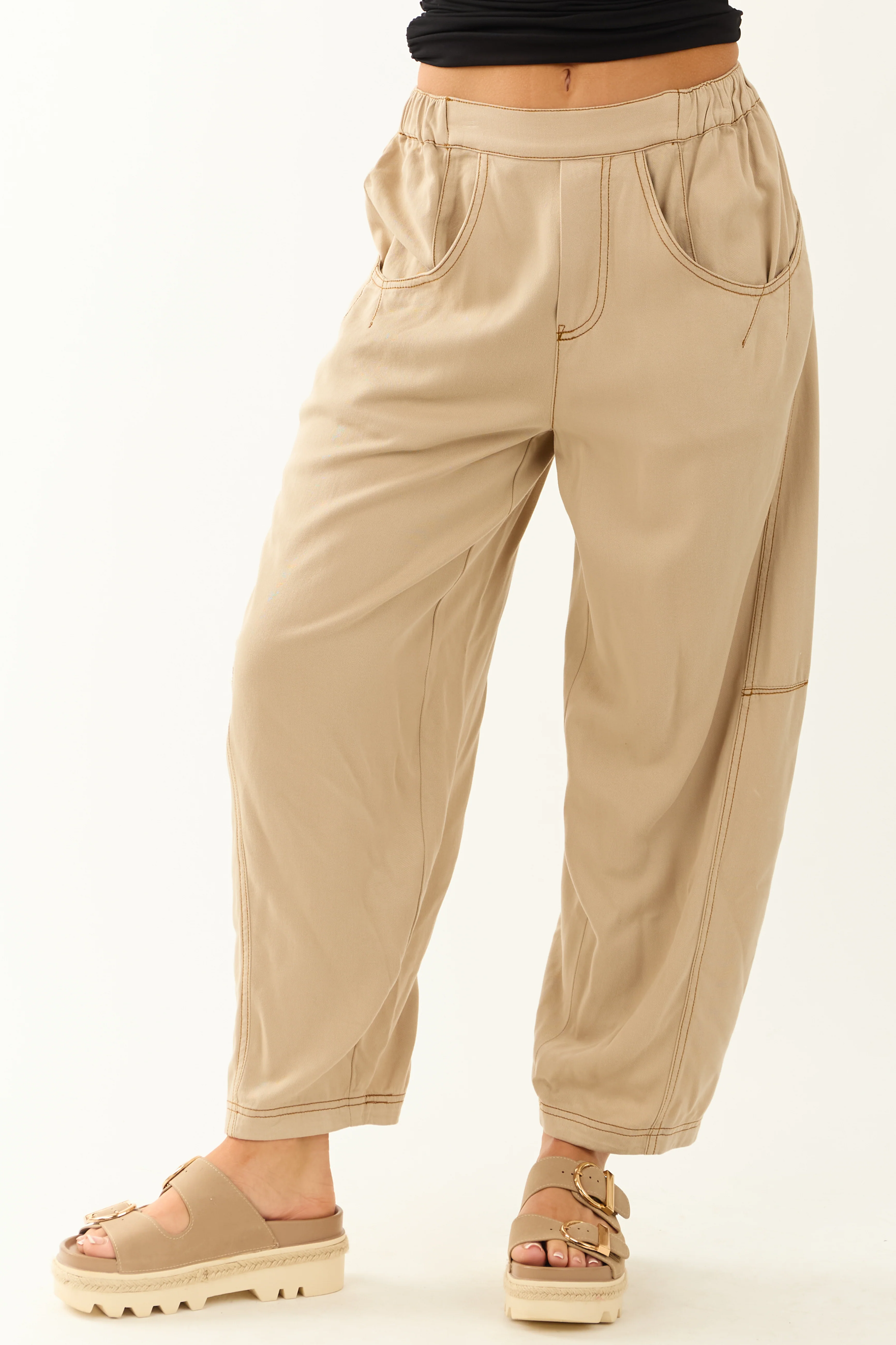 Sand Vintage Washed Soft Lightweight Barrel Pants - Image 2