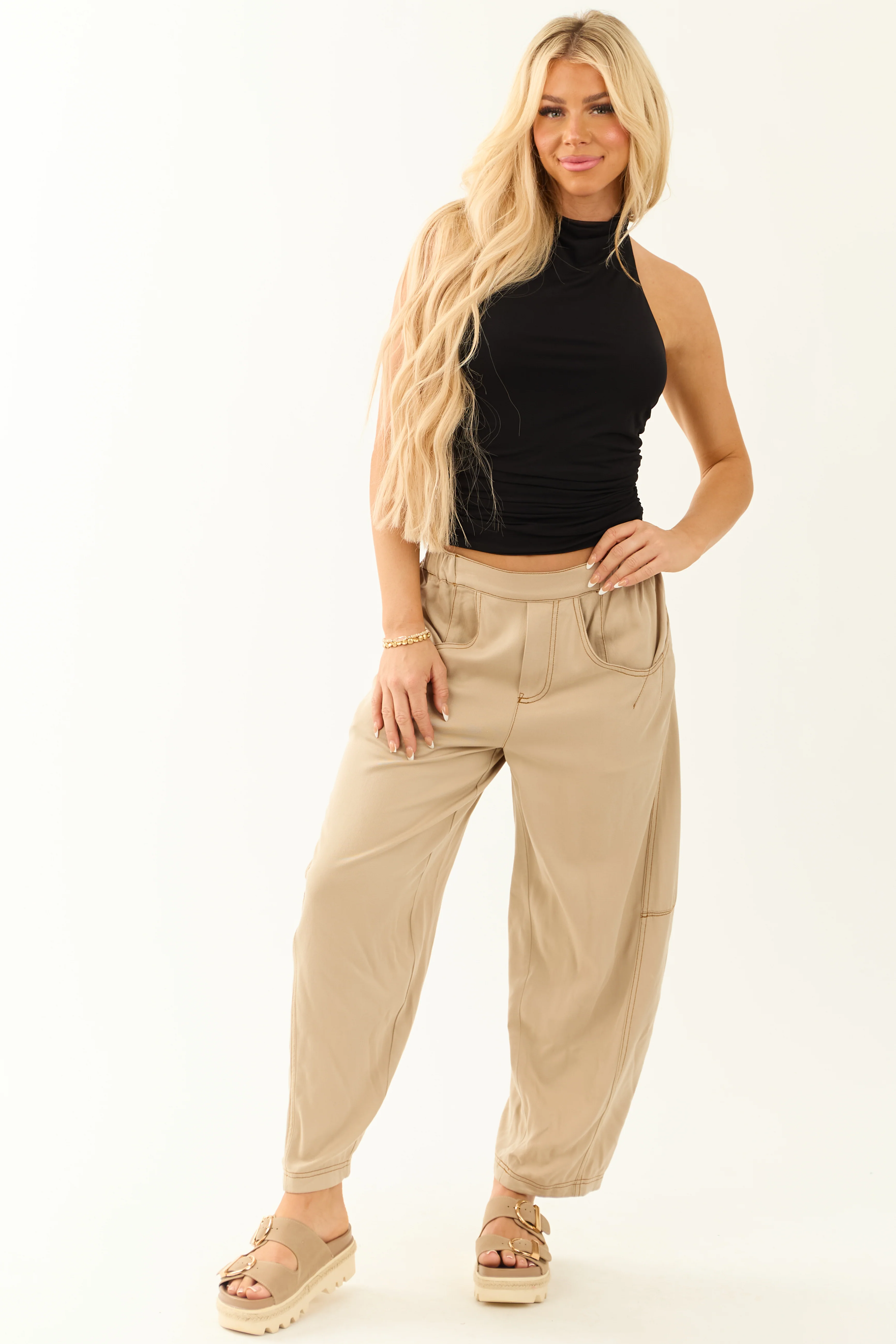 Sand Vintage Washed Soft Lightweight Barrel Pants - Image 6