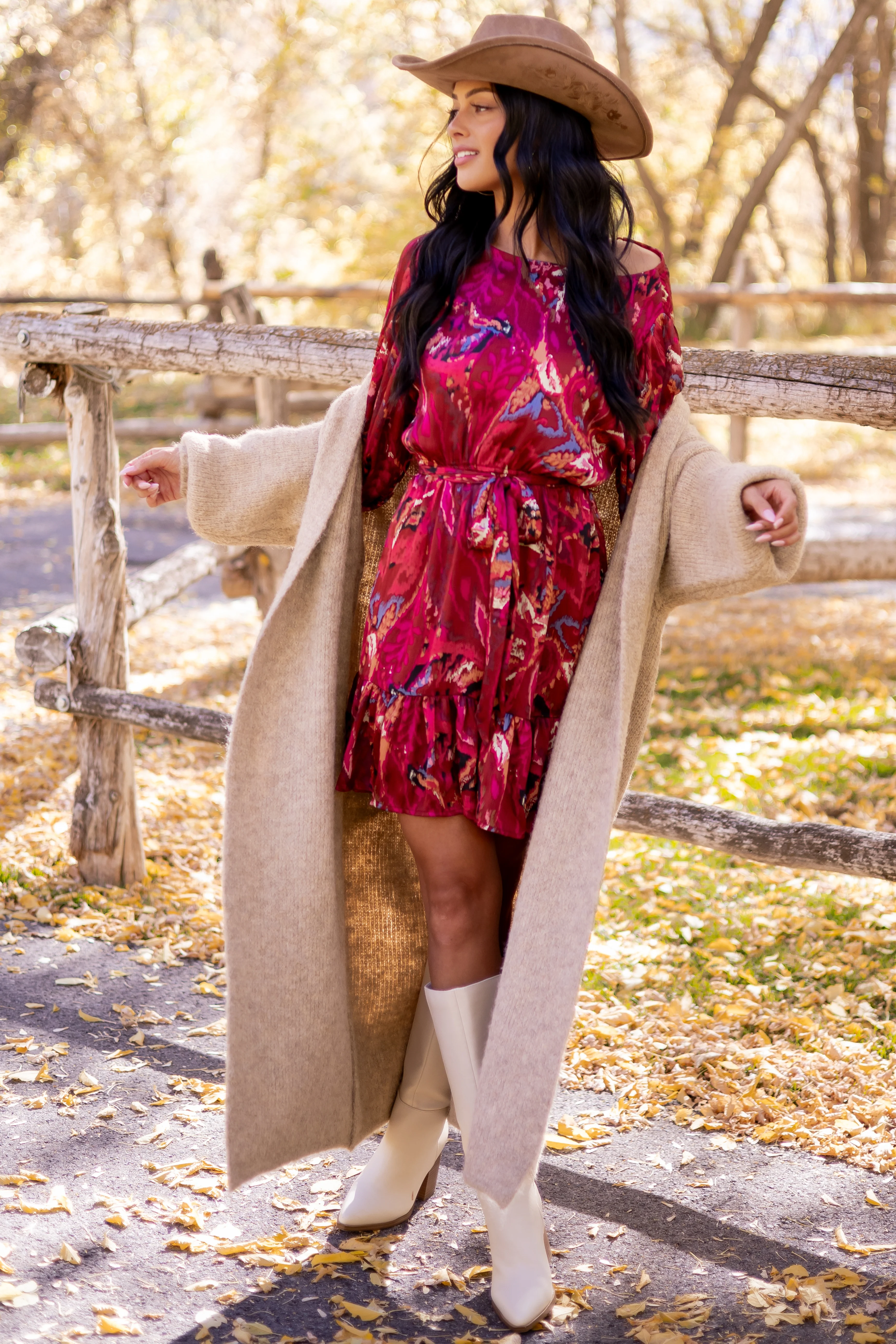 Sangria Abstract Print Waist Tie Flowy Mini Dress - Image 4