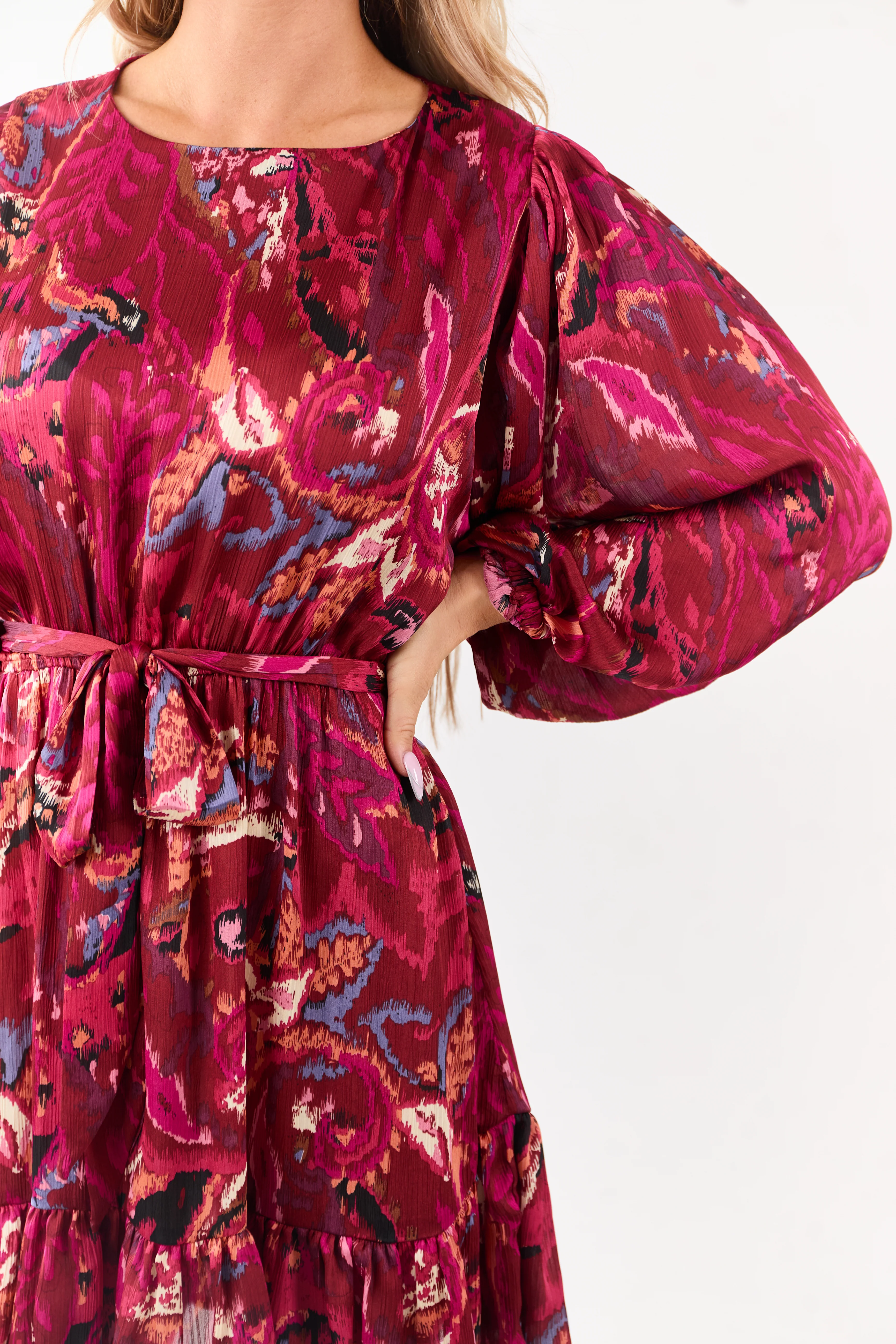 Sangria Abstract Print Waist Tie Flowy Mini Dress - Image 9