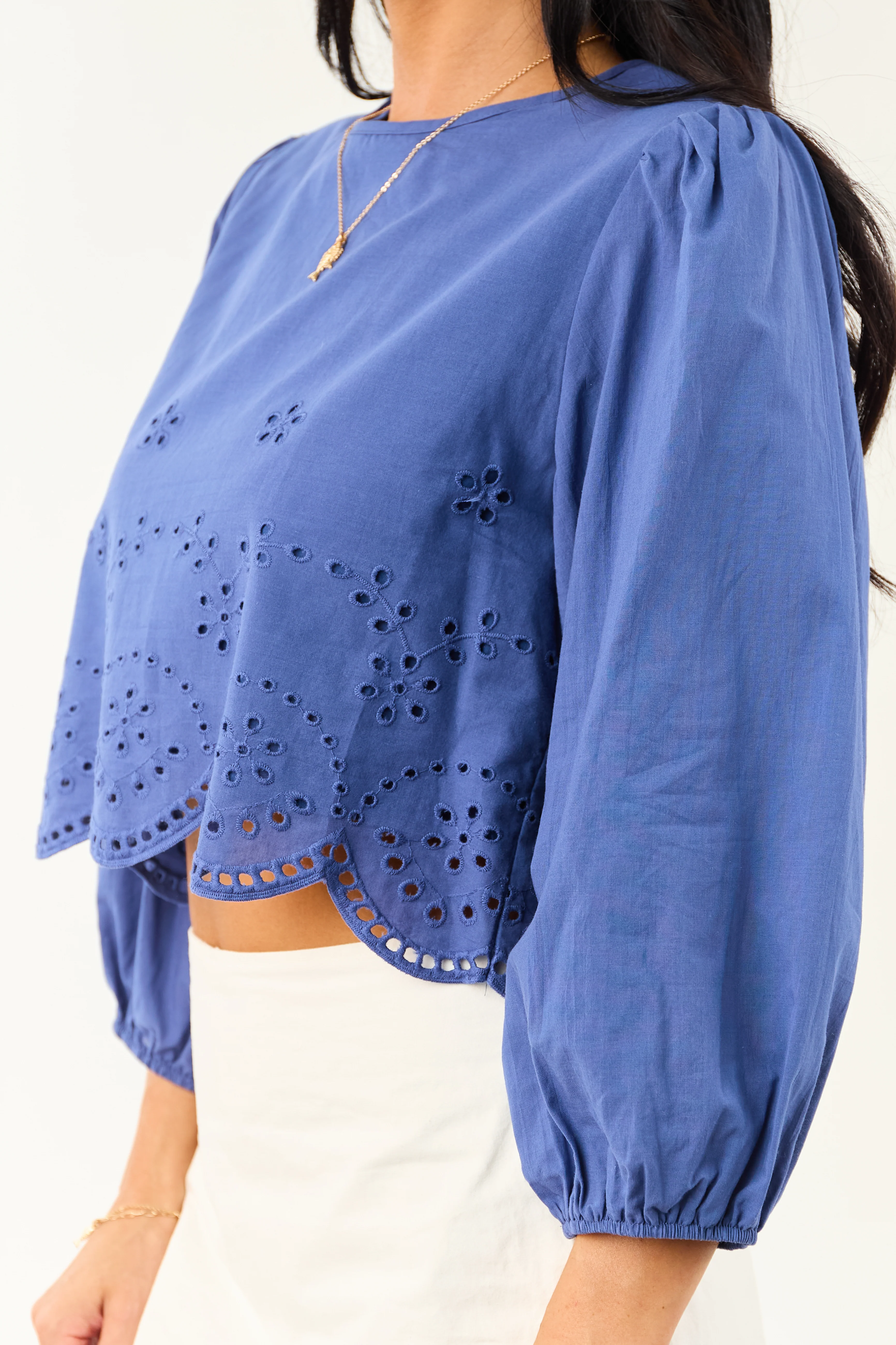 Sapphire Eyelet Long Sleeve Cotton Crop Top - Image 8