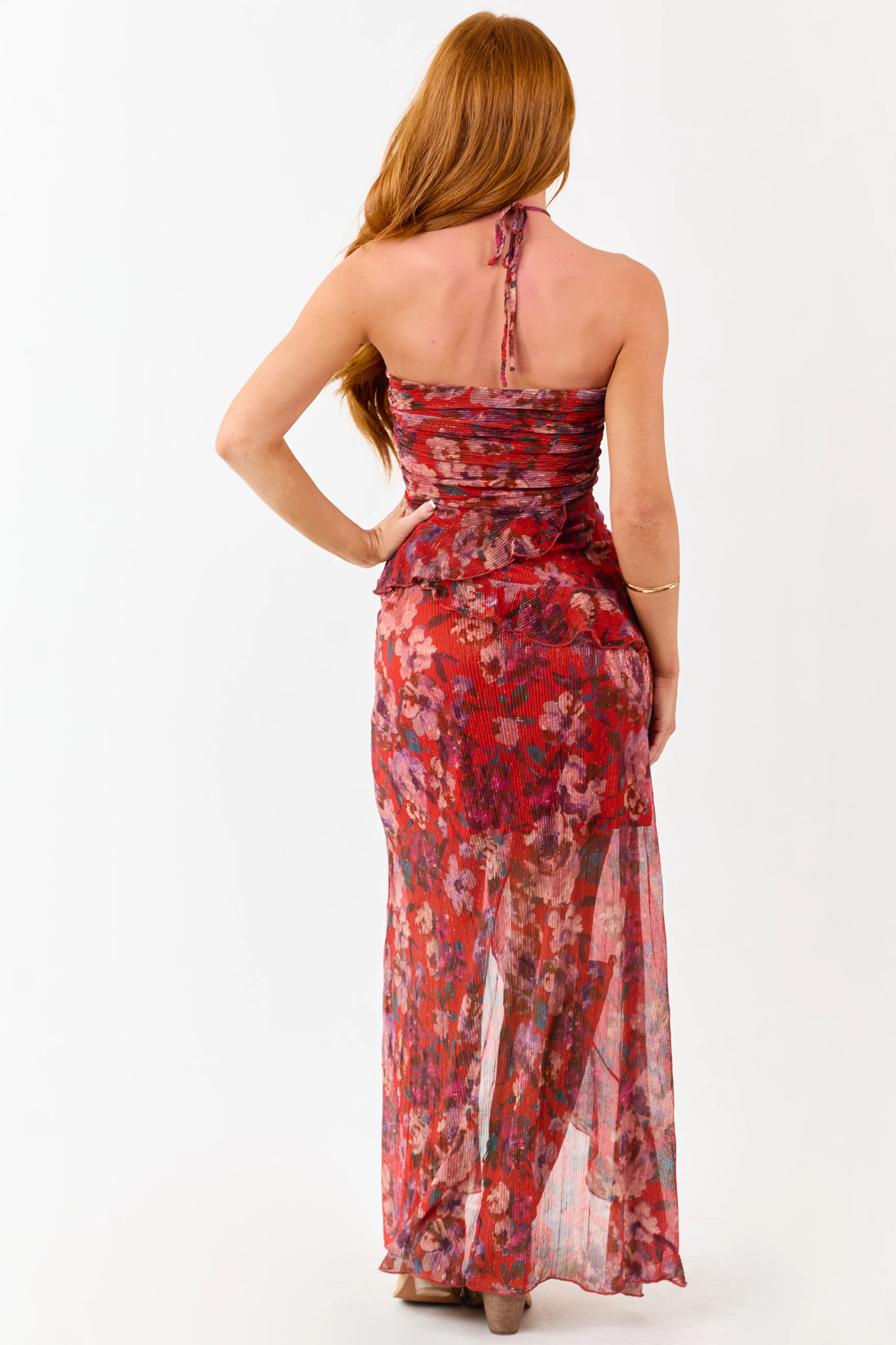 Scarlet Floral Print Ruffle Trim Plisse Maxi Dress - Image 5