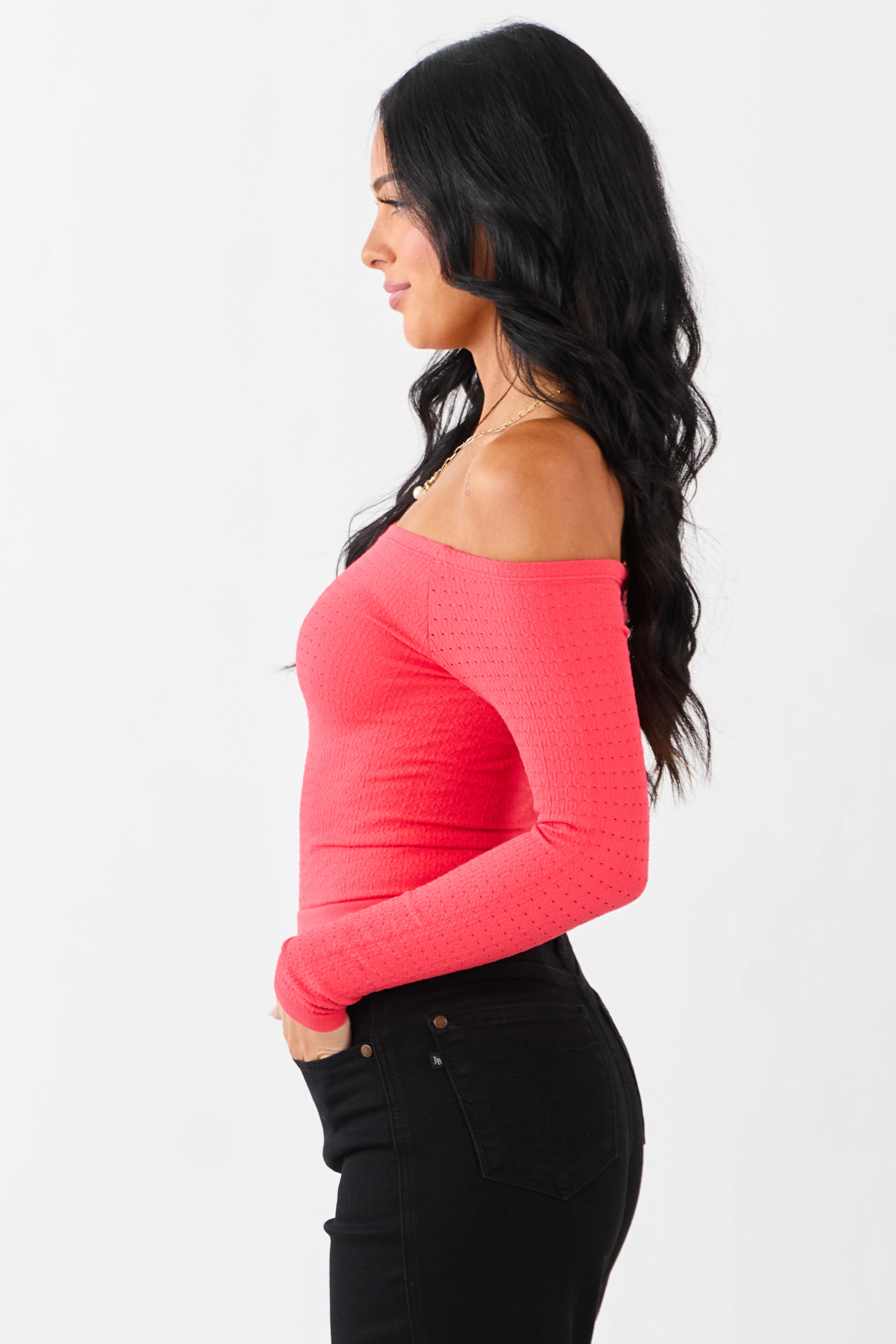 Scarlet Pointelle Off Shoulder Long Sleeve Top - Image 4