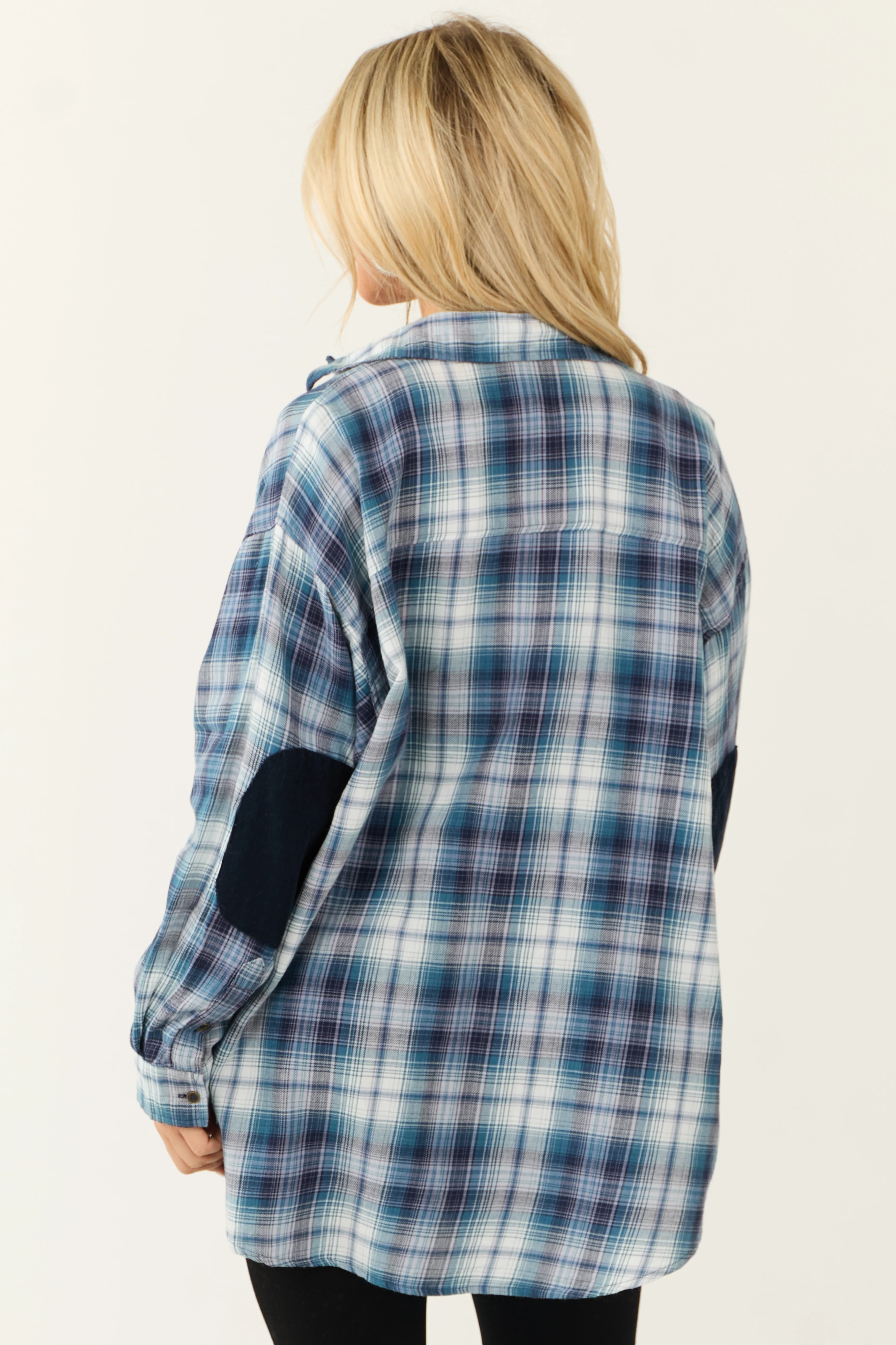 Sea Blue Plaid Button Down Elbow Patch Tops - Image 6