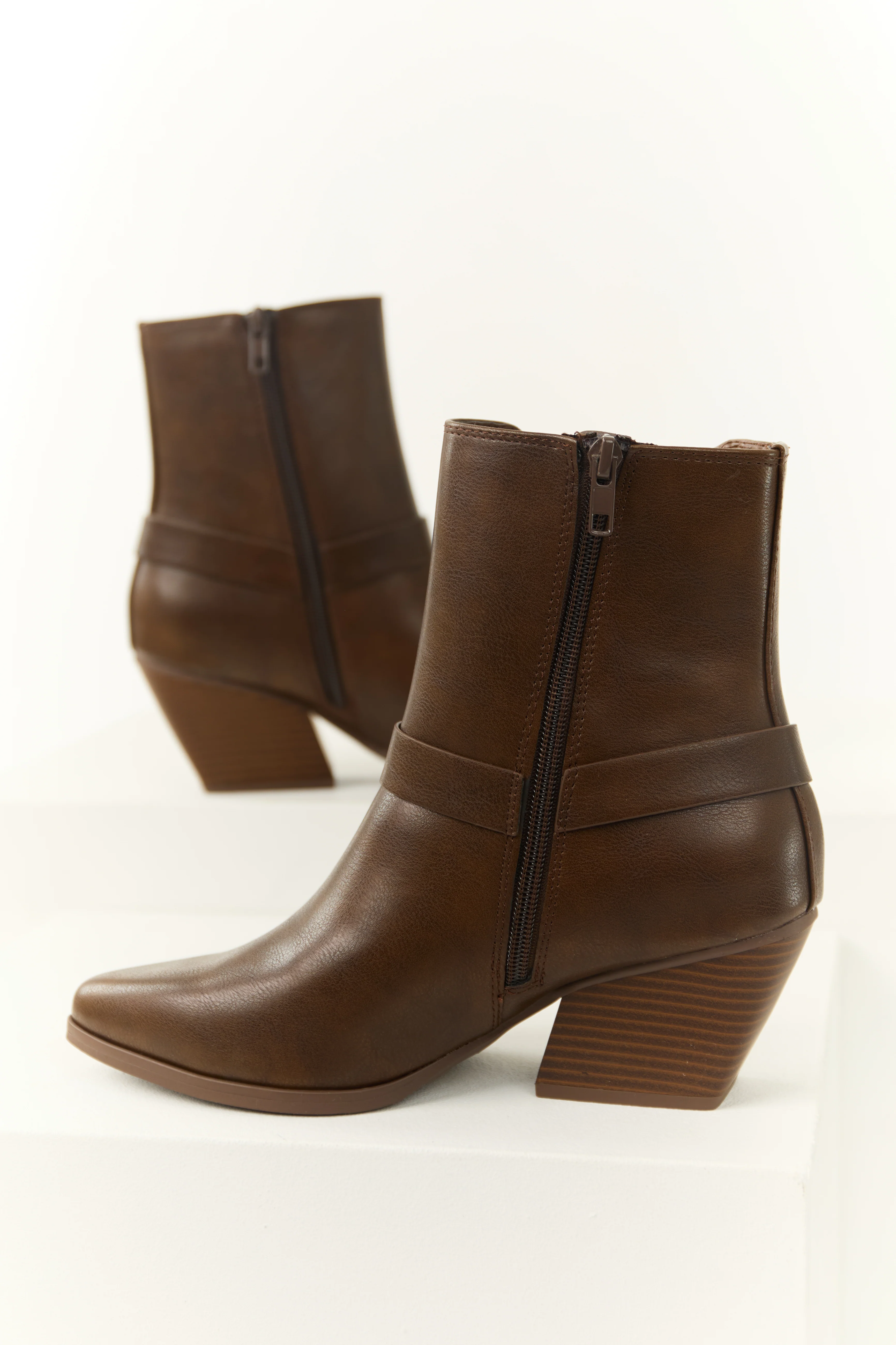 Sepia Faux Leather Buckle Strap Ankle Booties - Image 2