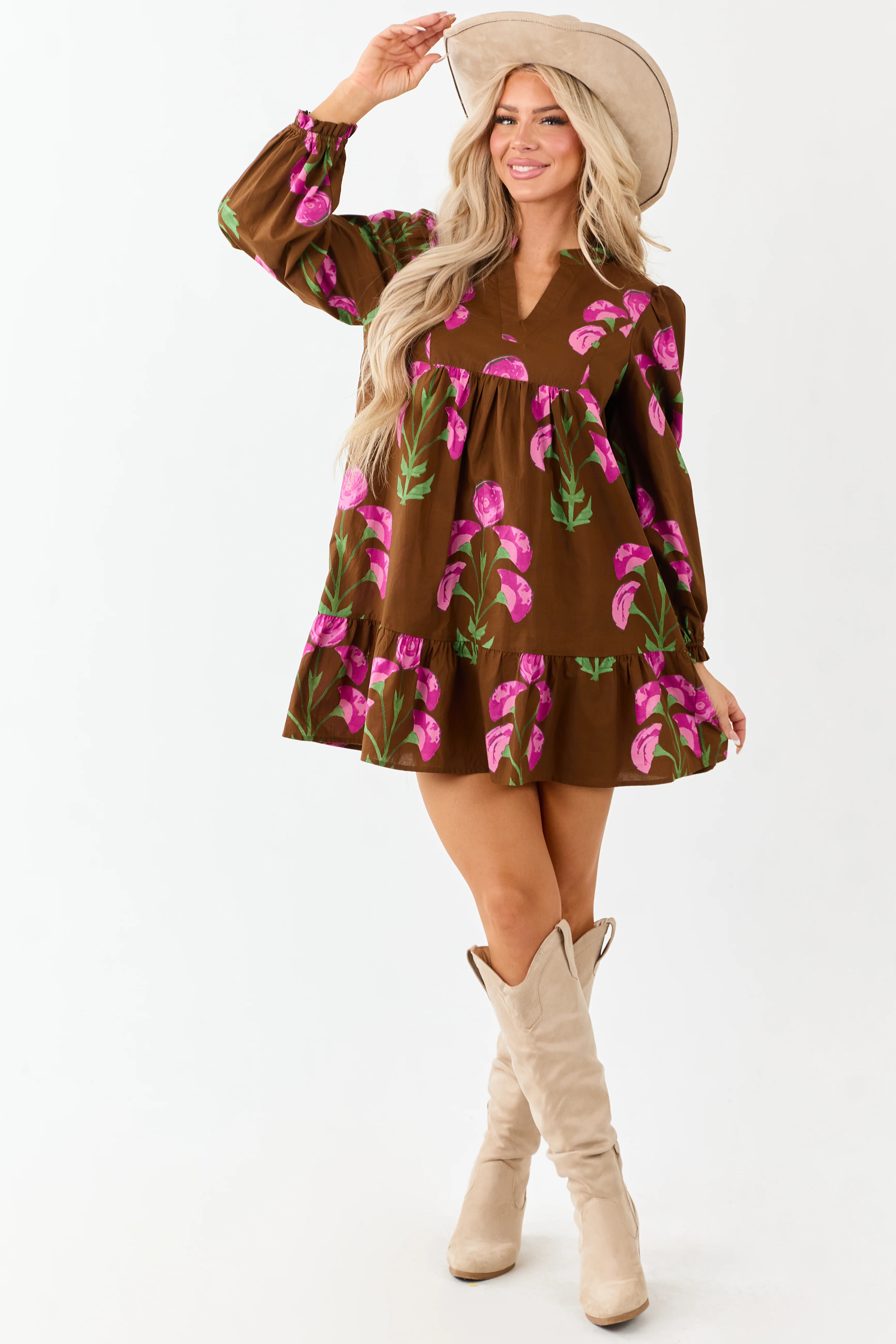 Sepia Floral Print Long Sleeve Cotton Mini Dress - Image 2