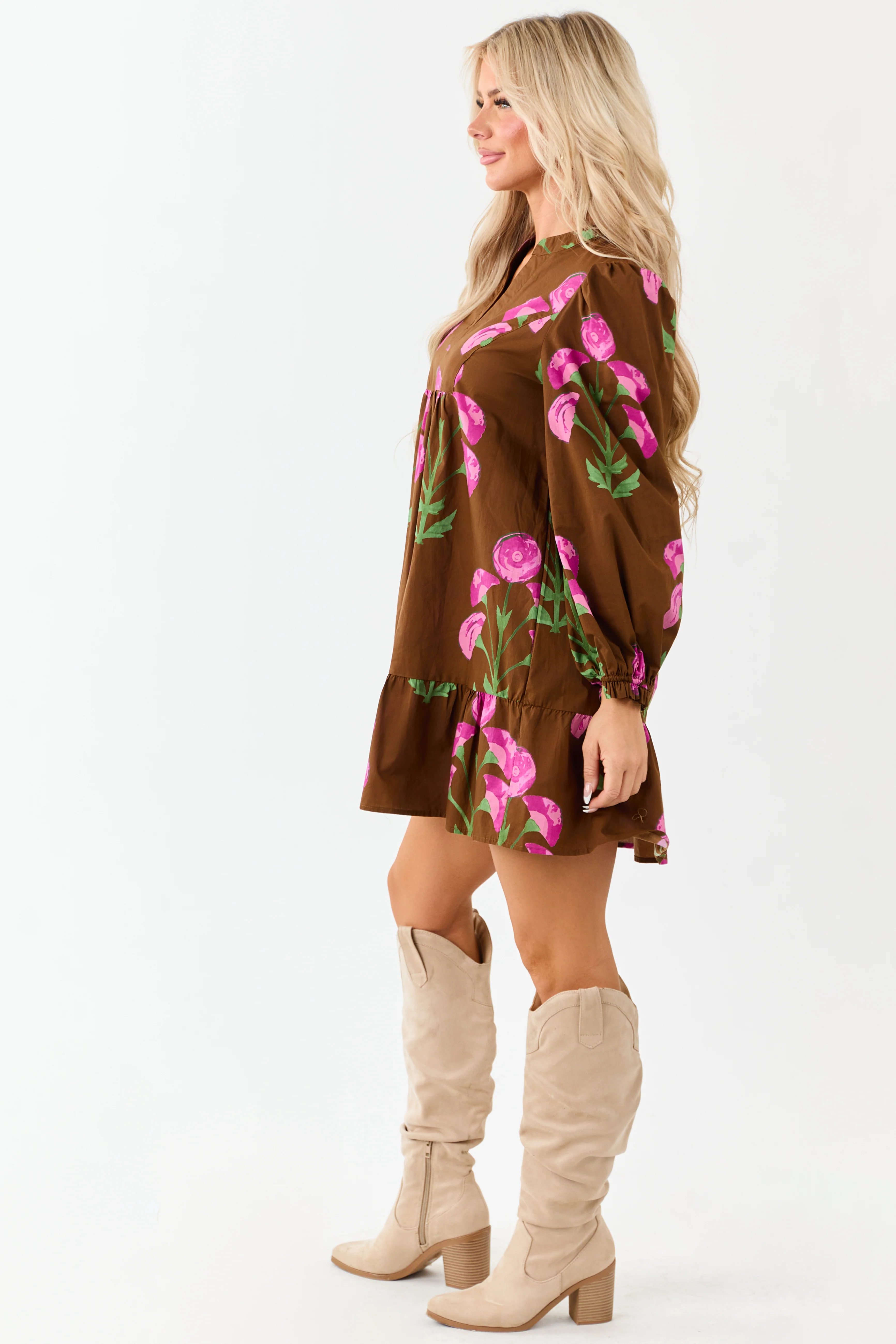 Sepia Floral Print Long Sleeve Cotton Mini Dress - Image 5
