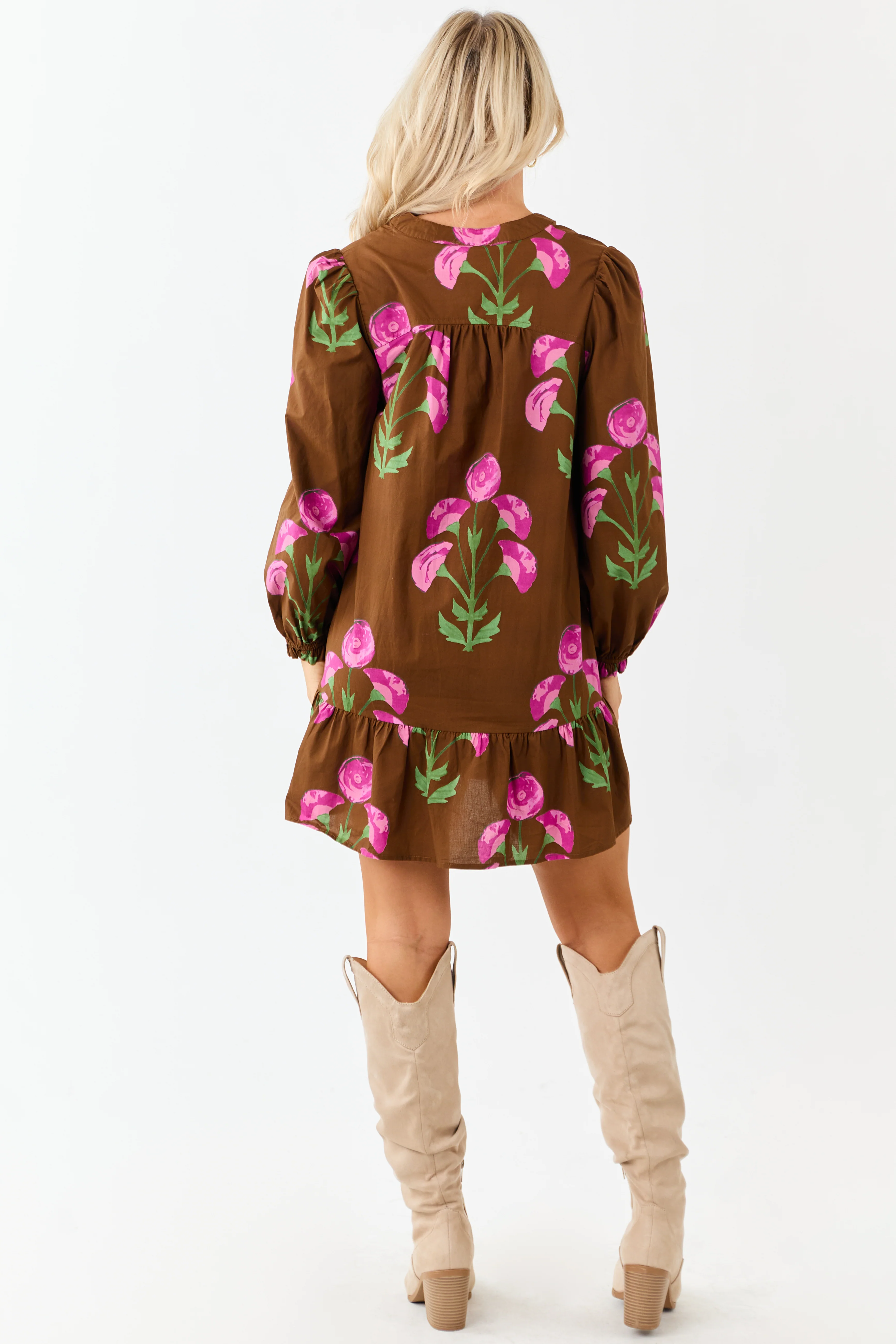 Sepia Floral Print Long Sleeve Cotton Mini Dress - Image 6