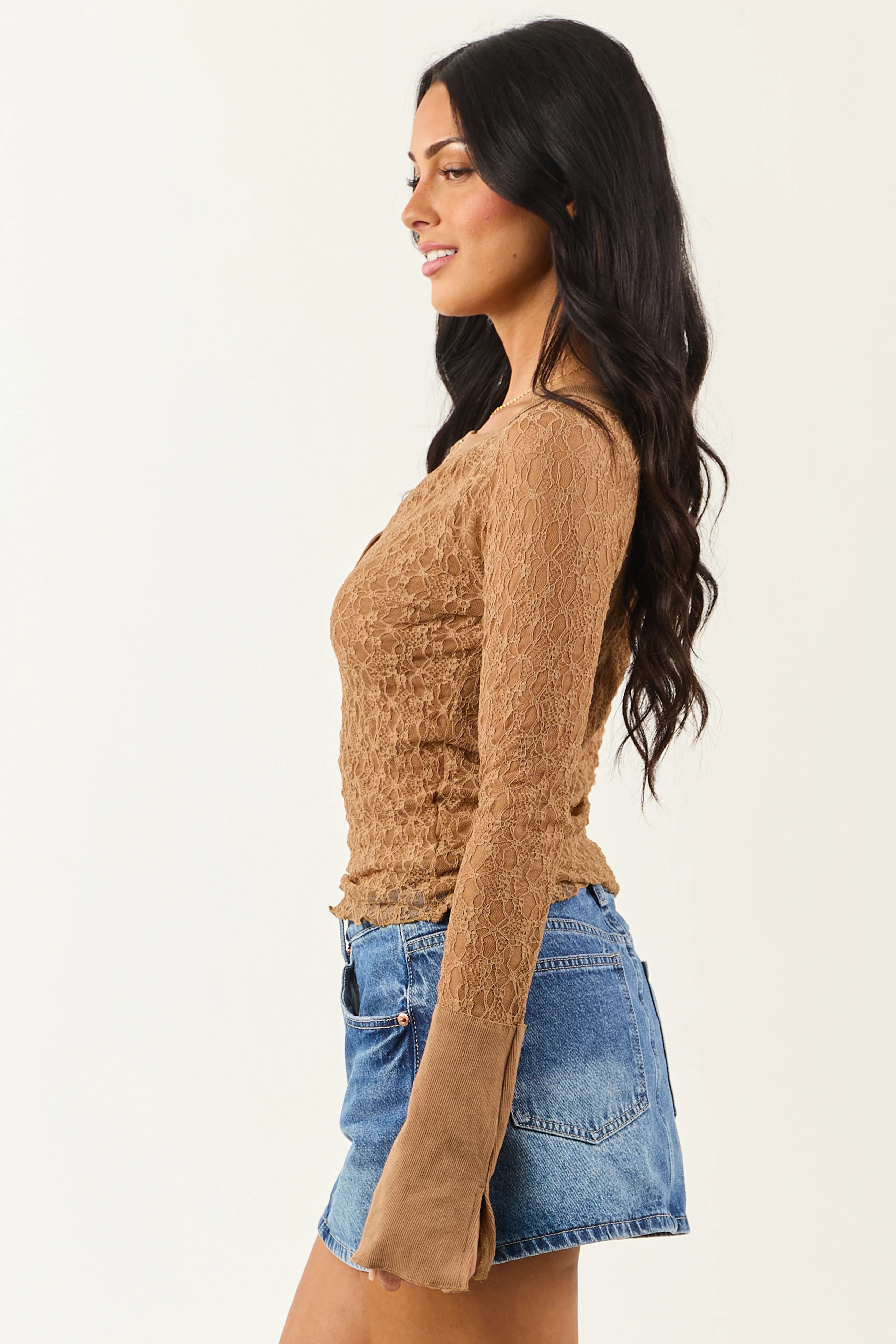 Sepia Lace Long Sleeve Henley Top - Image 7