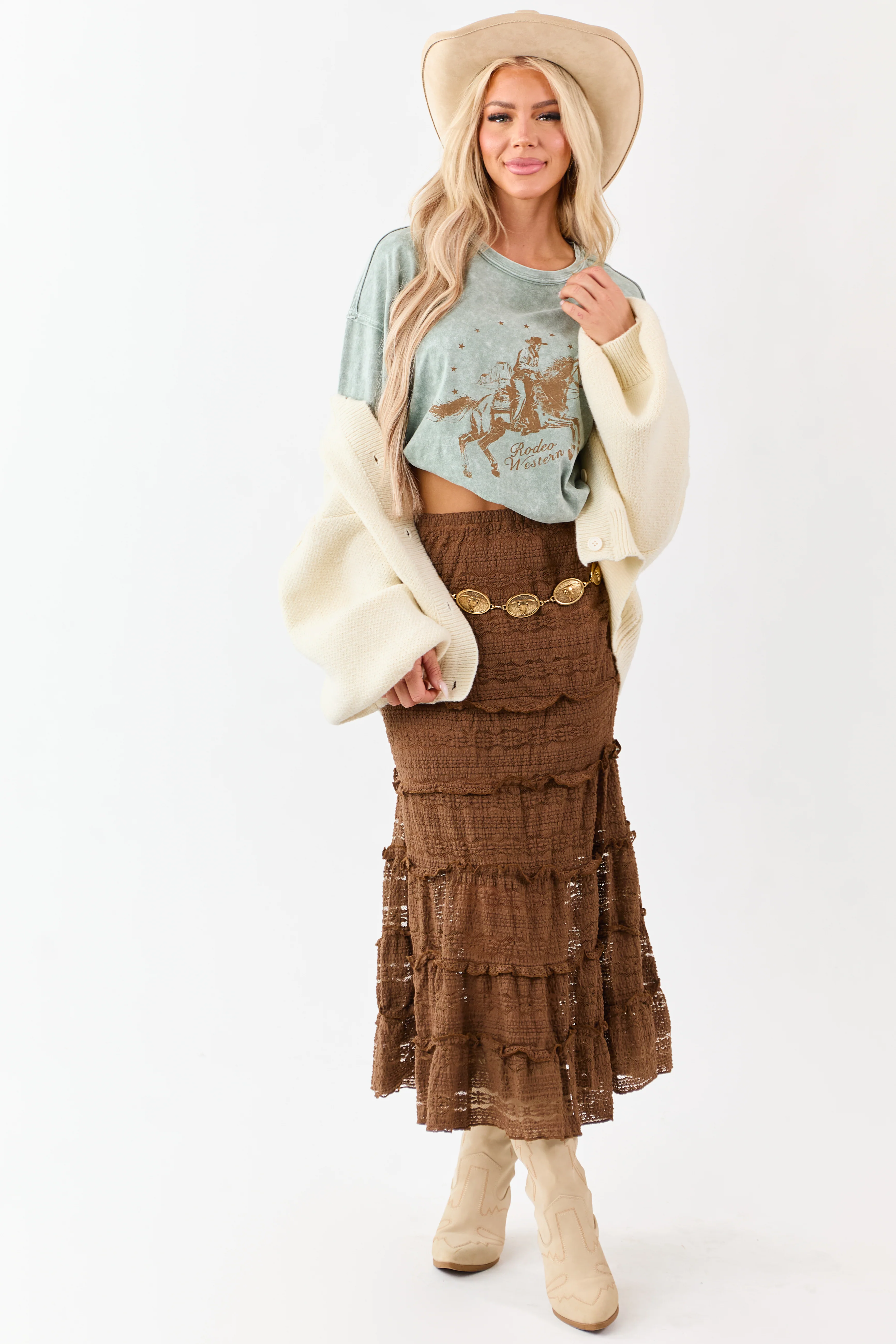 Sepia Lace Tiered Ruffle Trim Mermaid Midi Skirt
