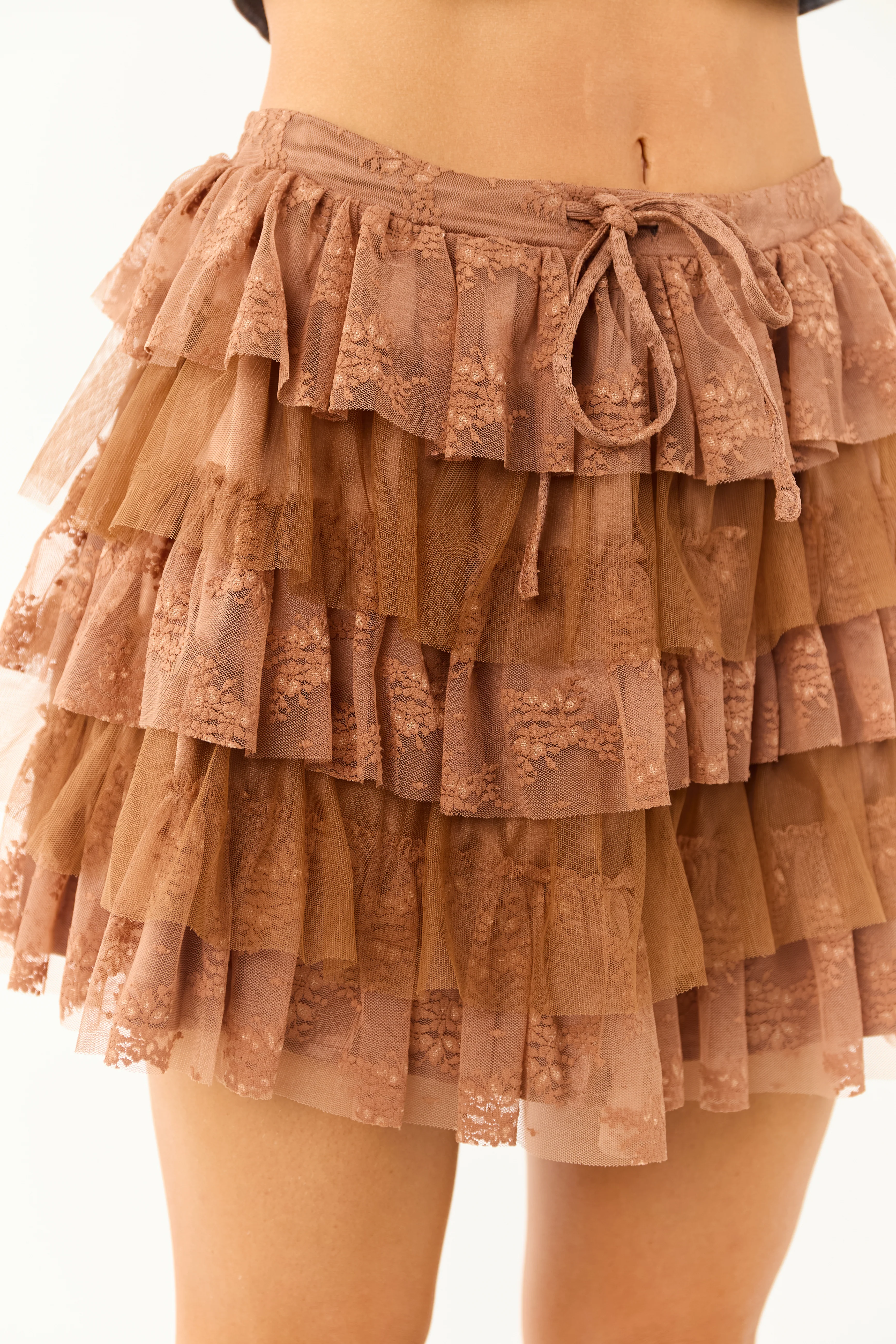 Sepia Lace and Tulle Layered Ruffle Mini Skirt - Image 7