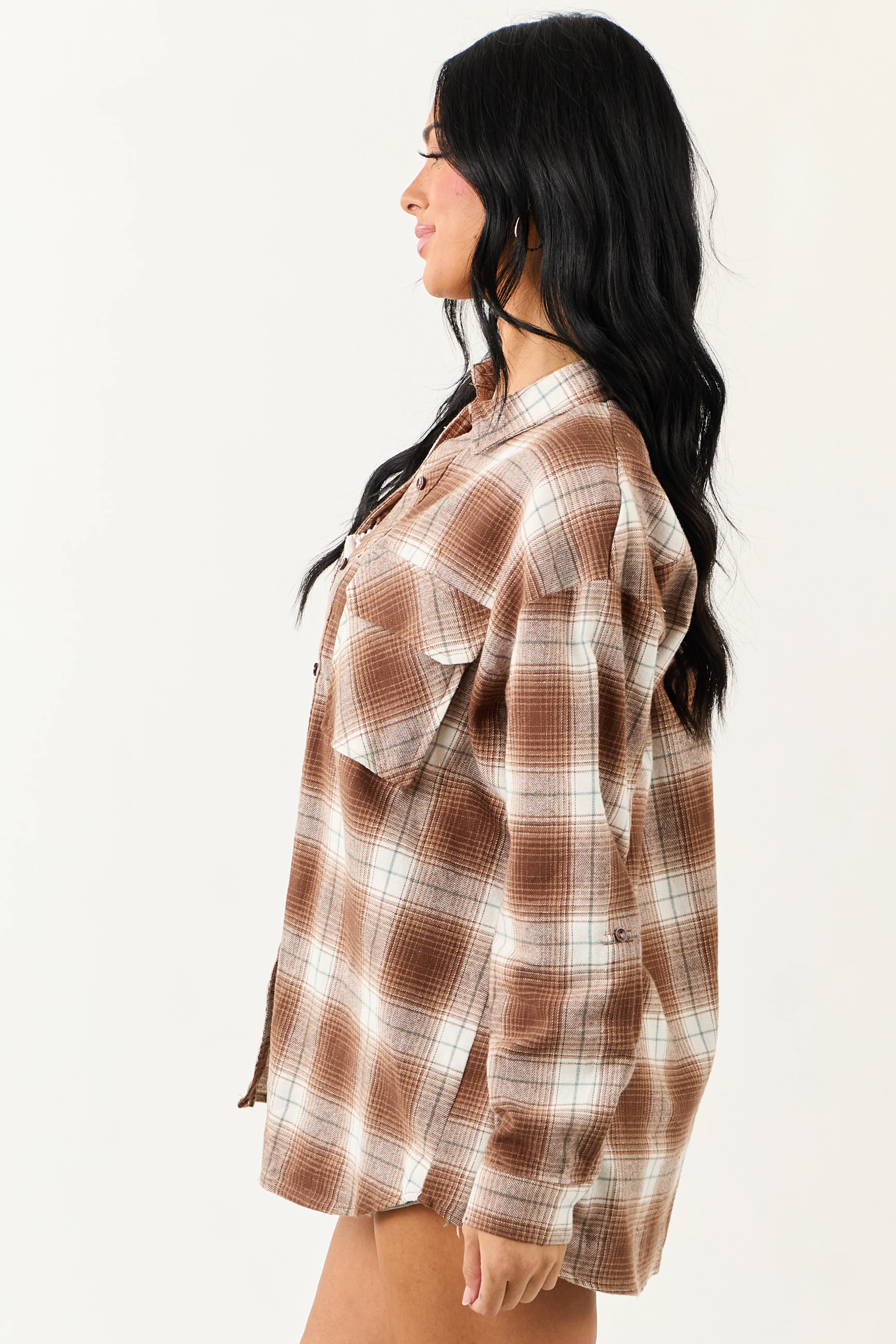 Sepia Plaid Flannel Long Sleeve Cotton Top - Image 5