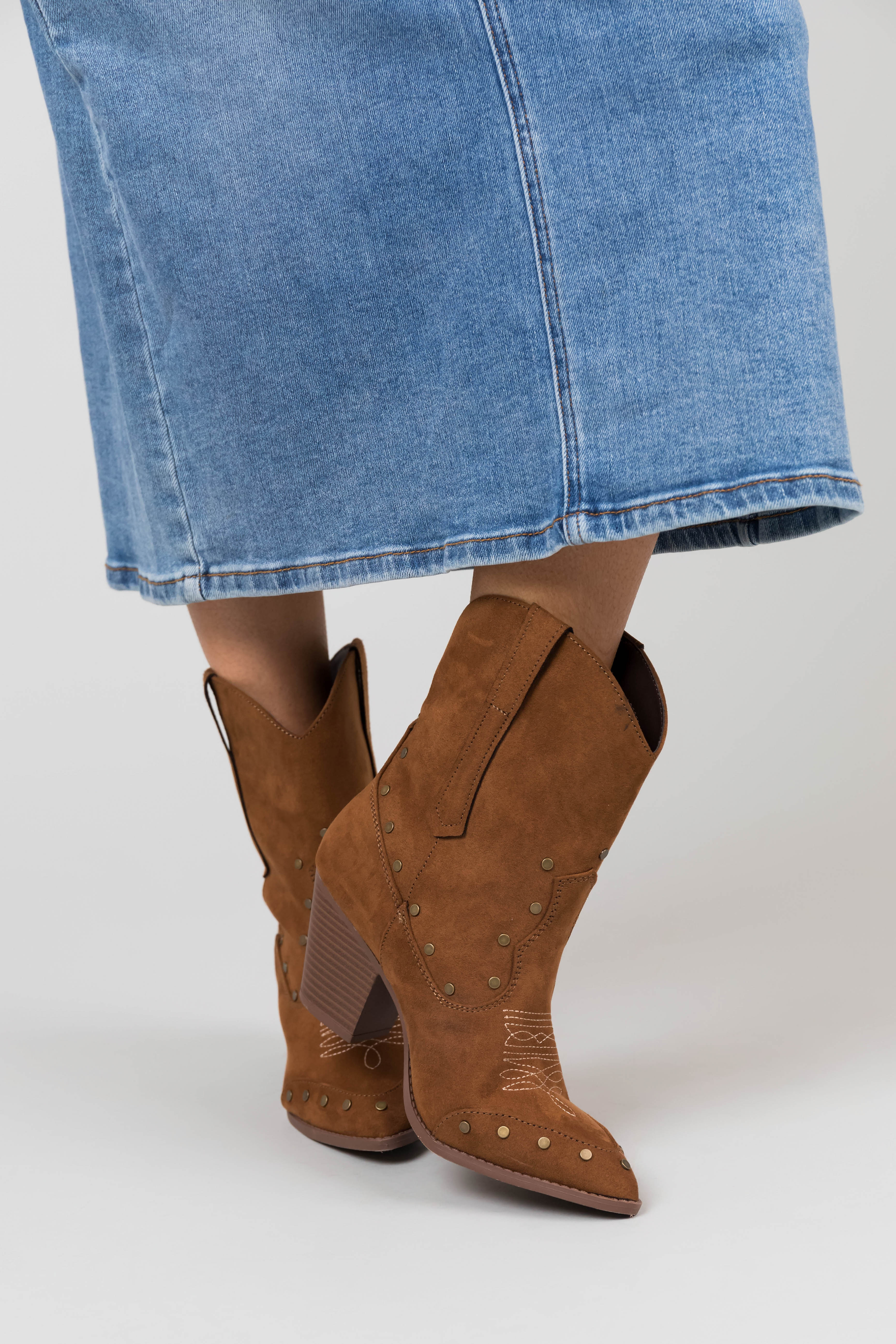 Sepia Pointed Toe Studded Western Calf Boots - Image 2