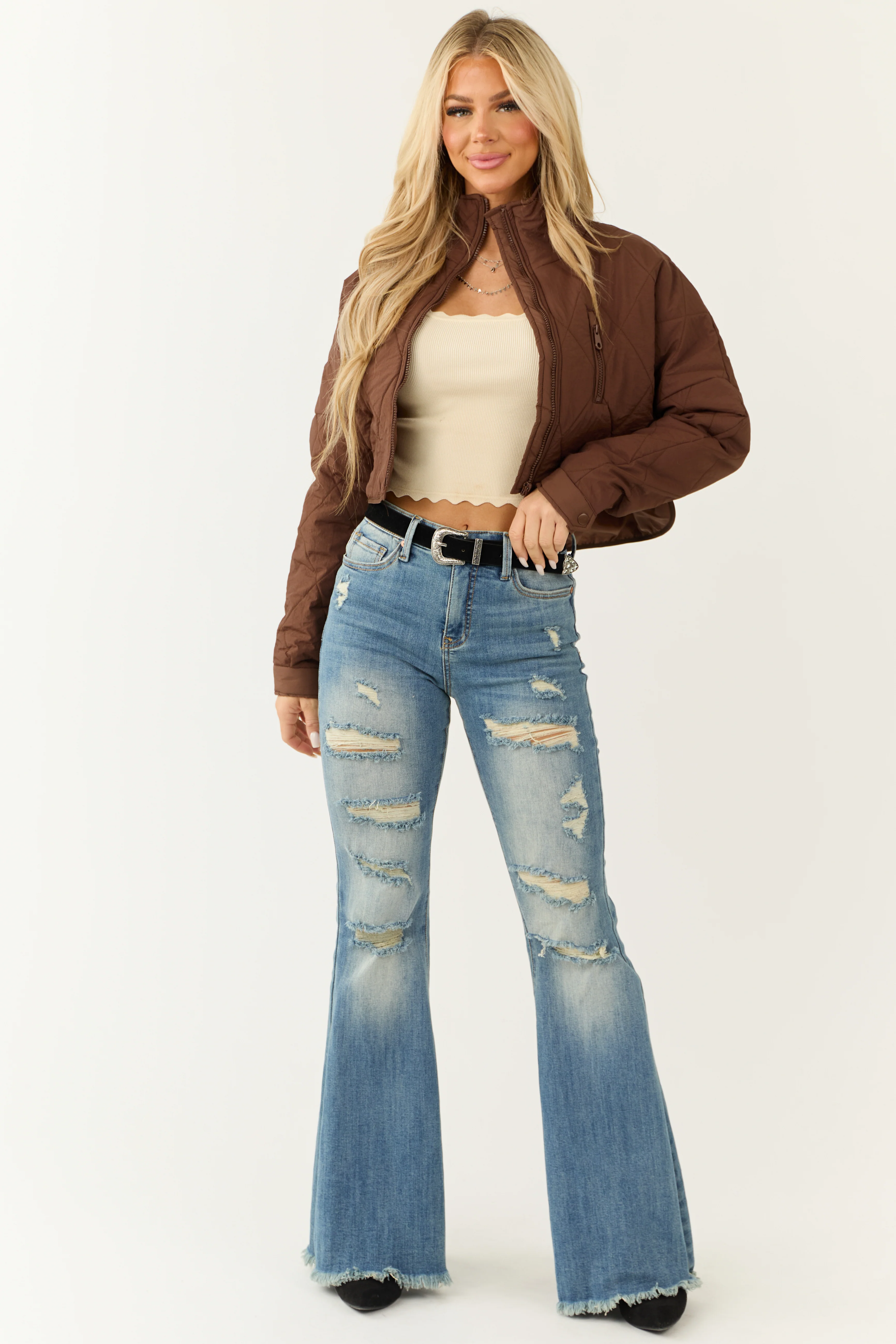 Sepia Zip Up Quilted Puffer Cropped Jacket - Image 2