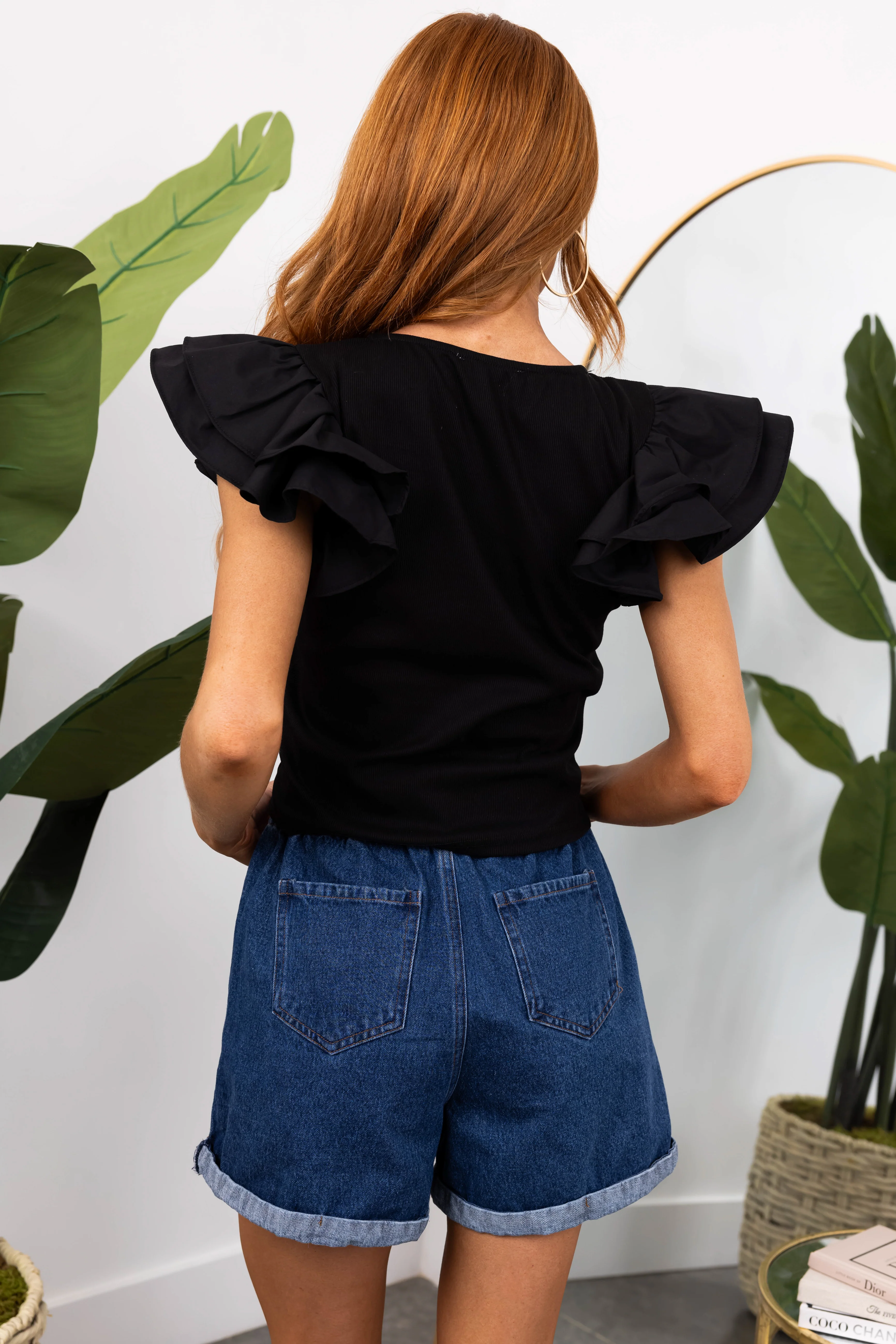 She+Sky Black Ruffle Sleeve Ribbed Knit Top - Image 3