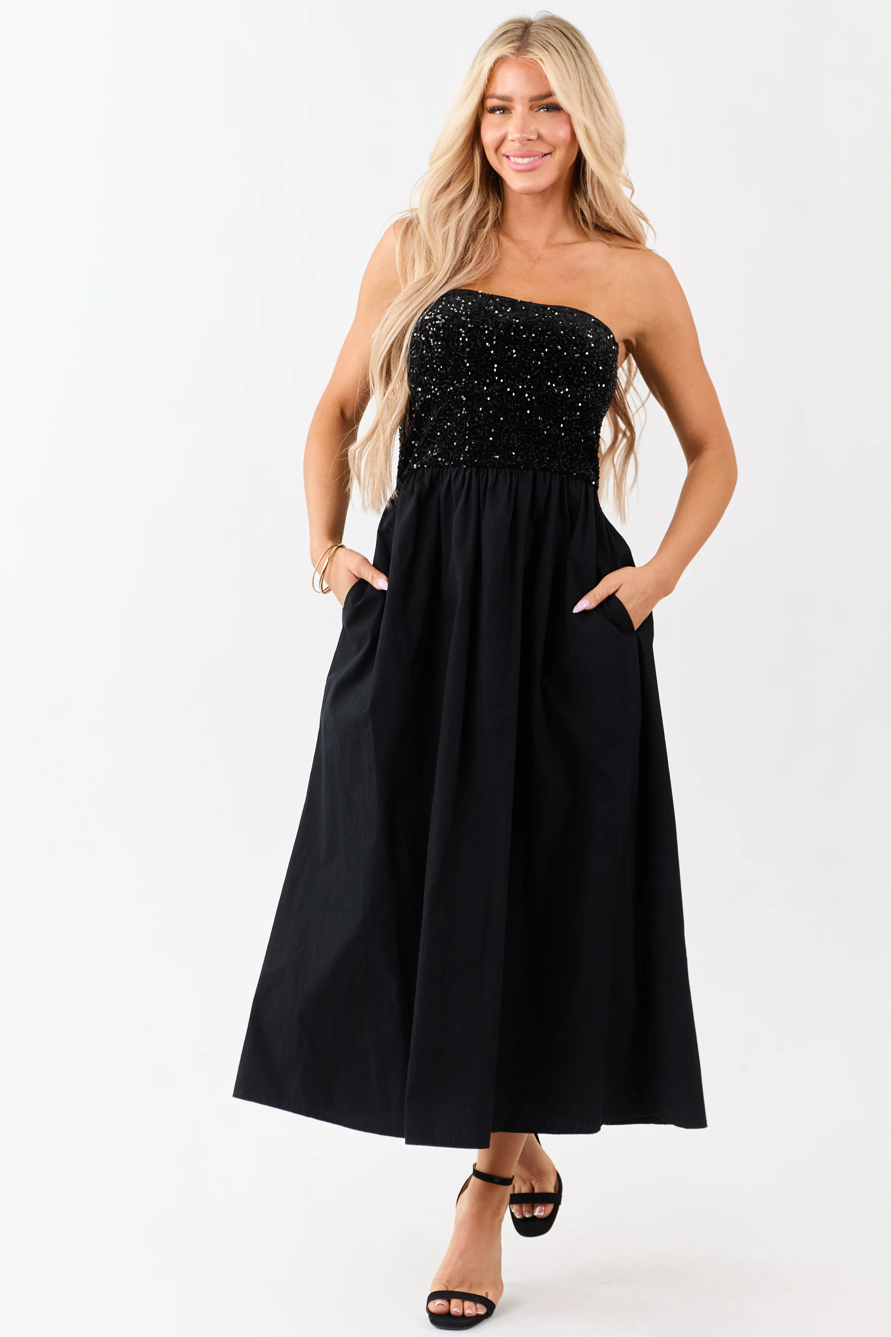 She+Sky Black Sequined Bodice Strapless Maxi Dress - Image 3