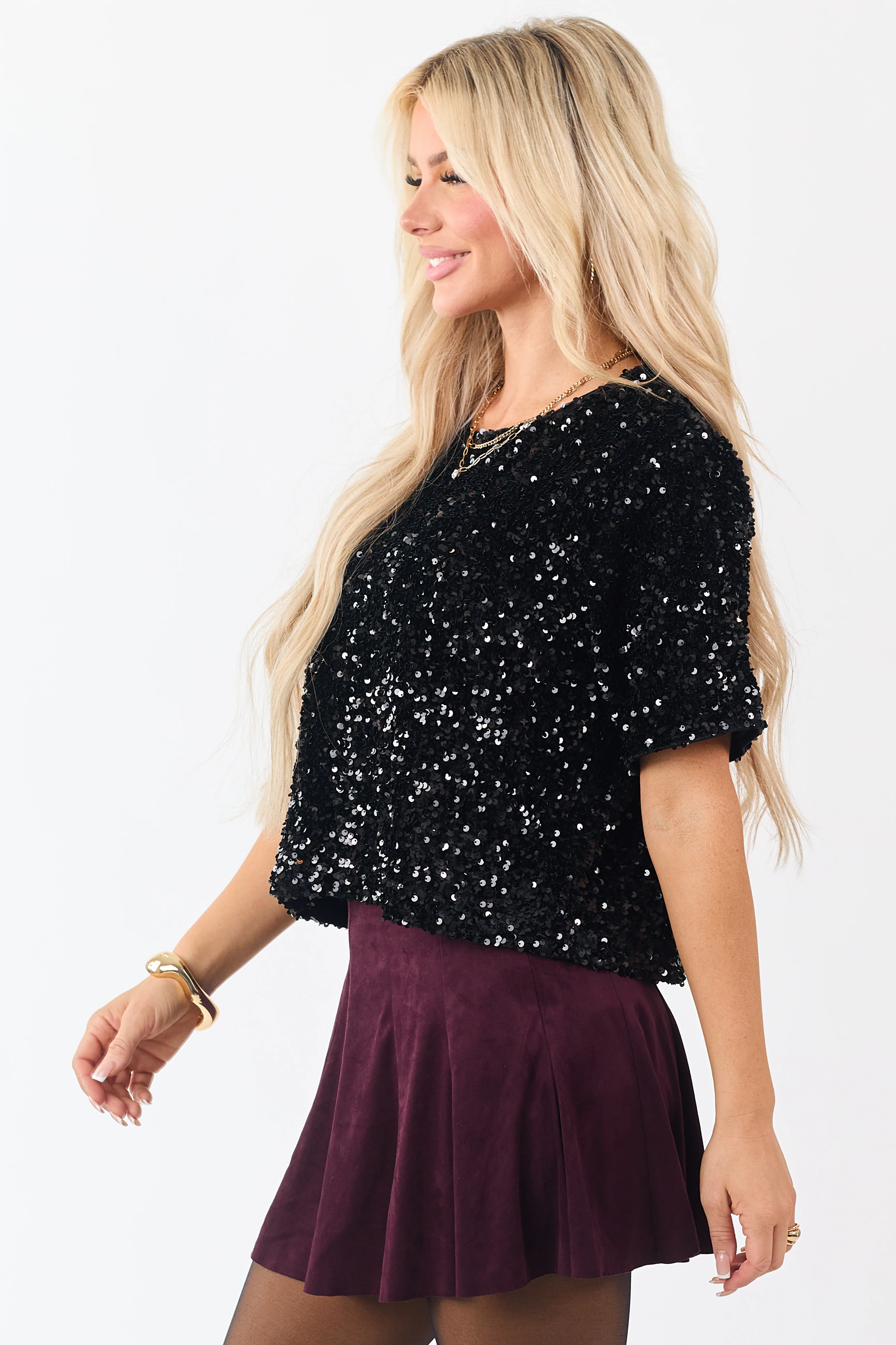 She+Sky Black Sequined Short Sleeve Top - Image 4