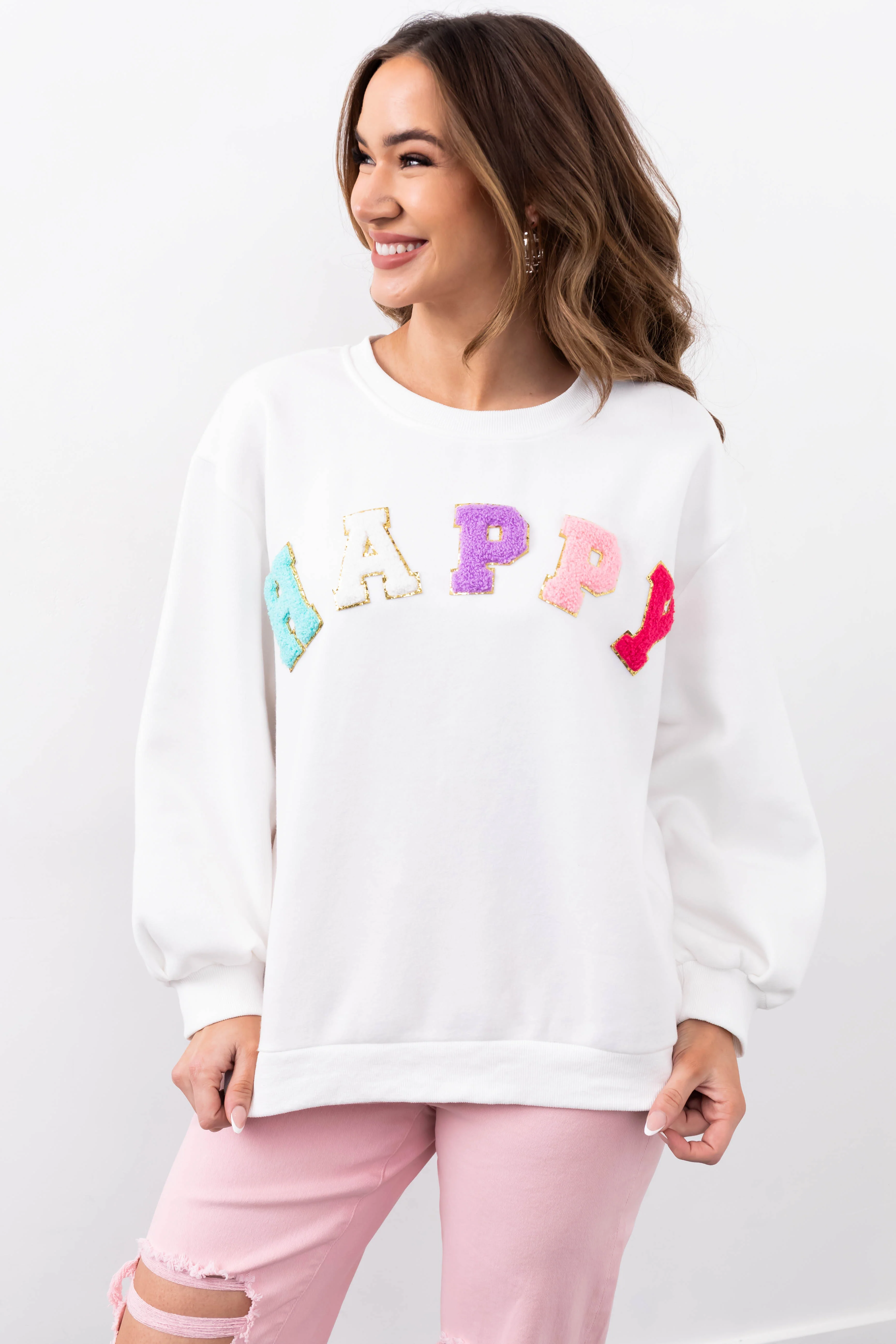 She+Sky Off White 'Happy' Sherpa Patch Sweatshirt - Image 2