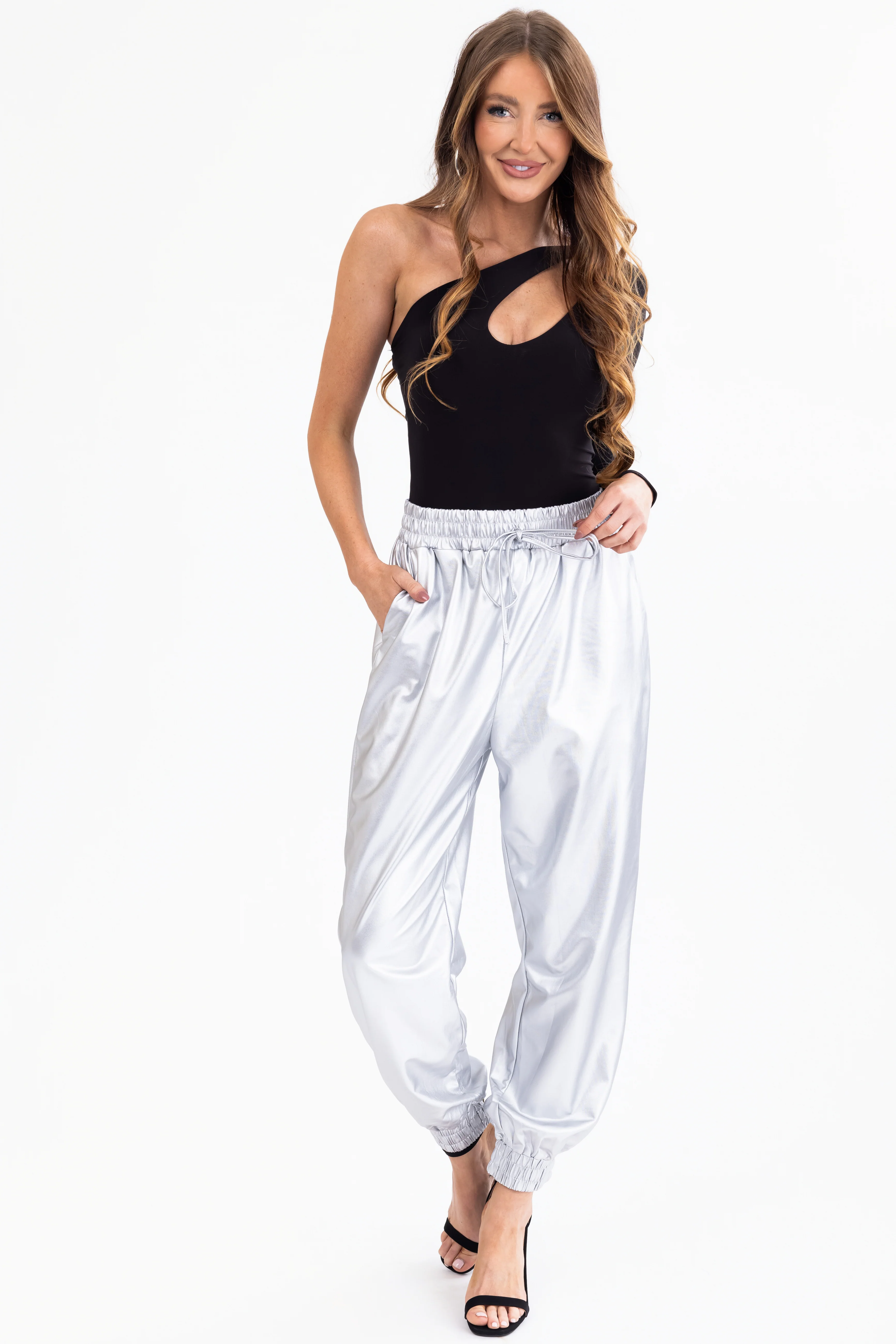 She+Sky Silver Metallic Knit Joggers - Image 5