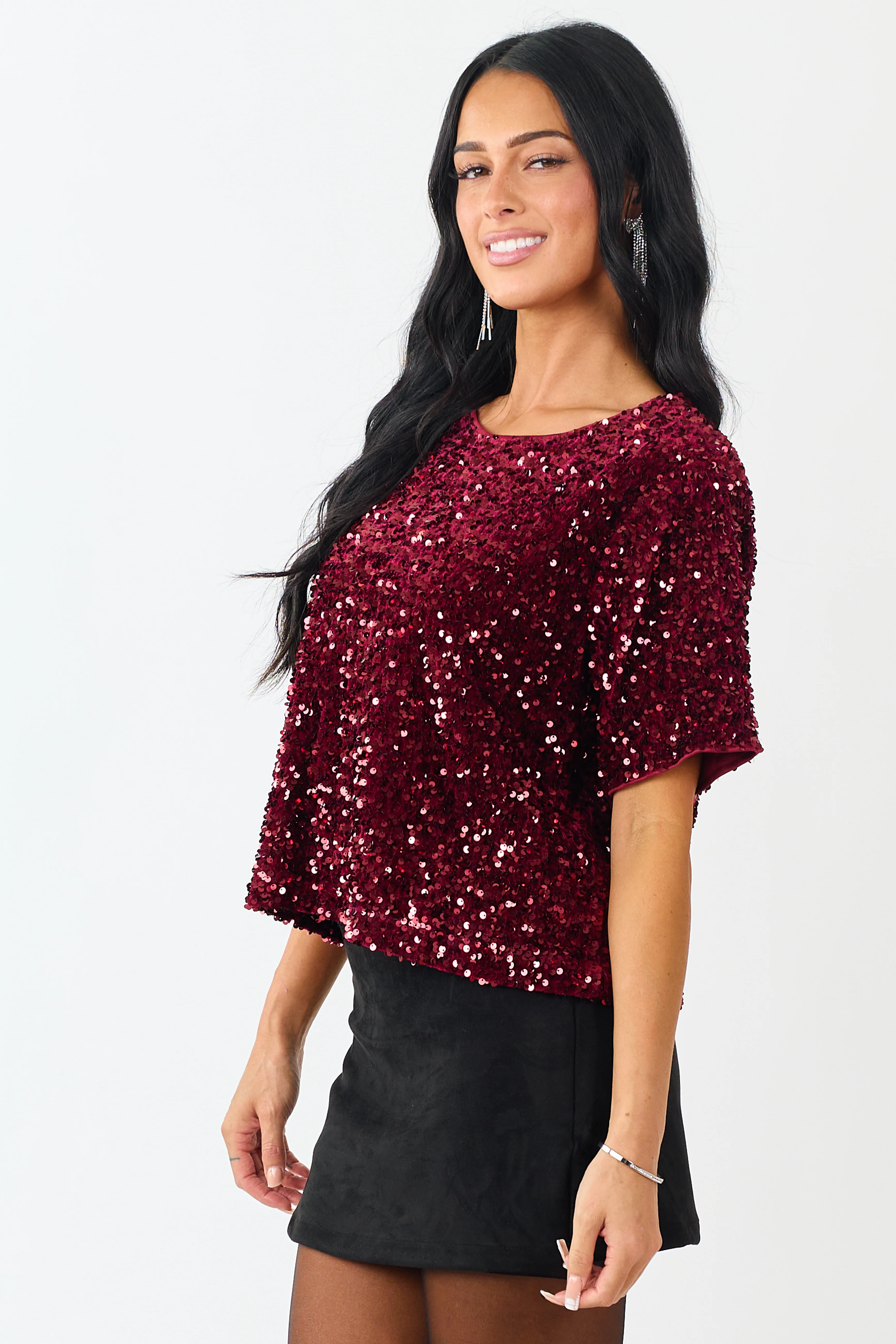 She+Sky Wine Sequined Short Sleeve Top - Image 5