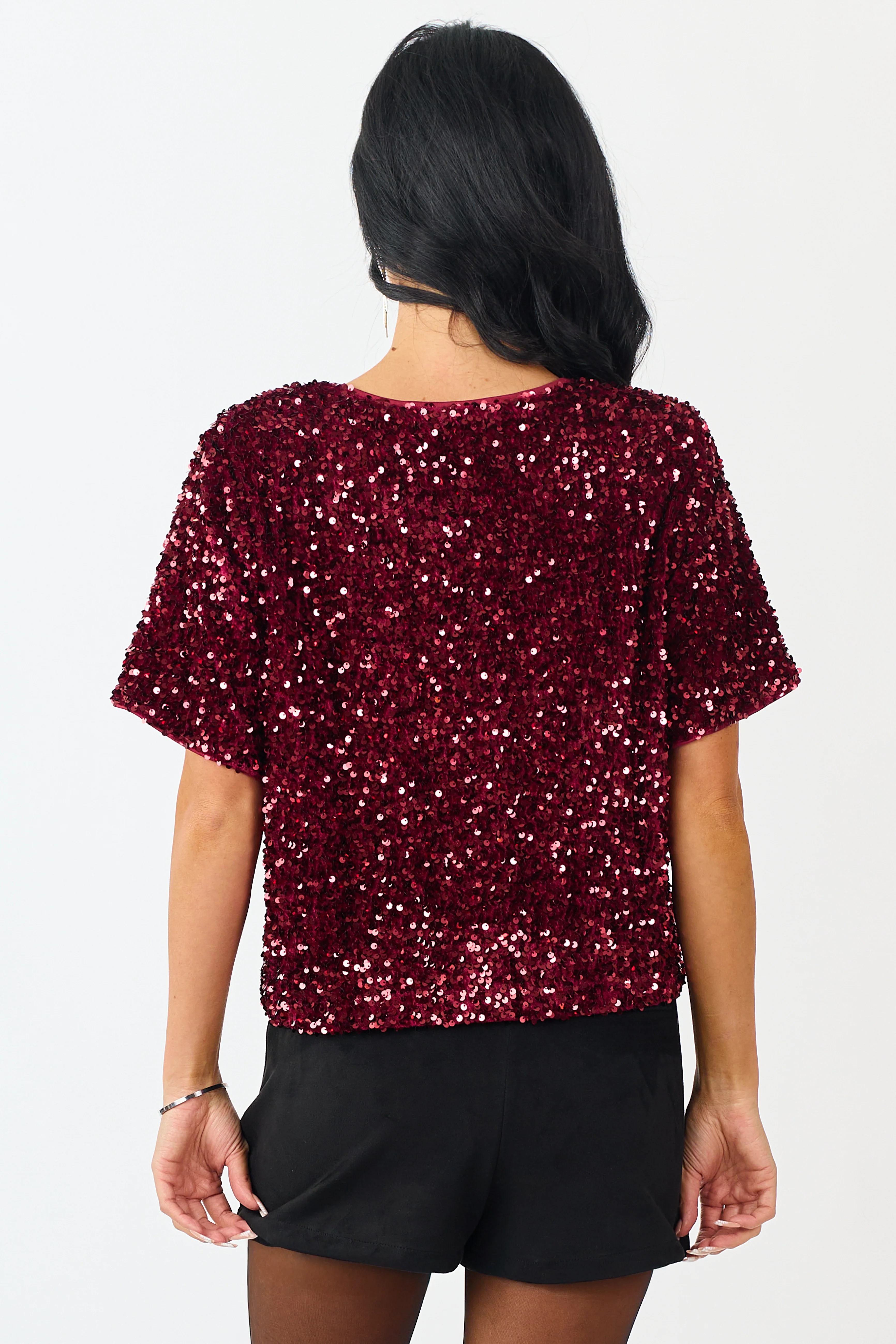 She+Sky Wine Sequined Short Sleeve Top - Image 6