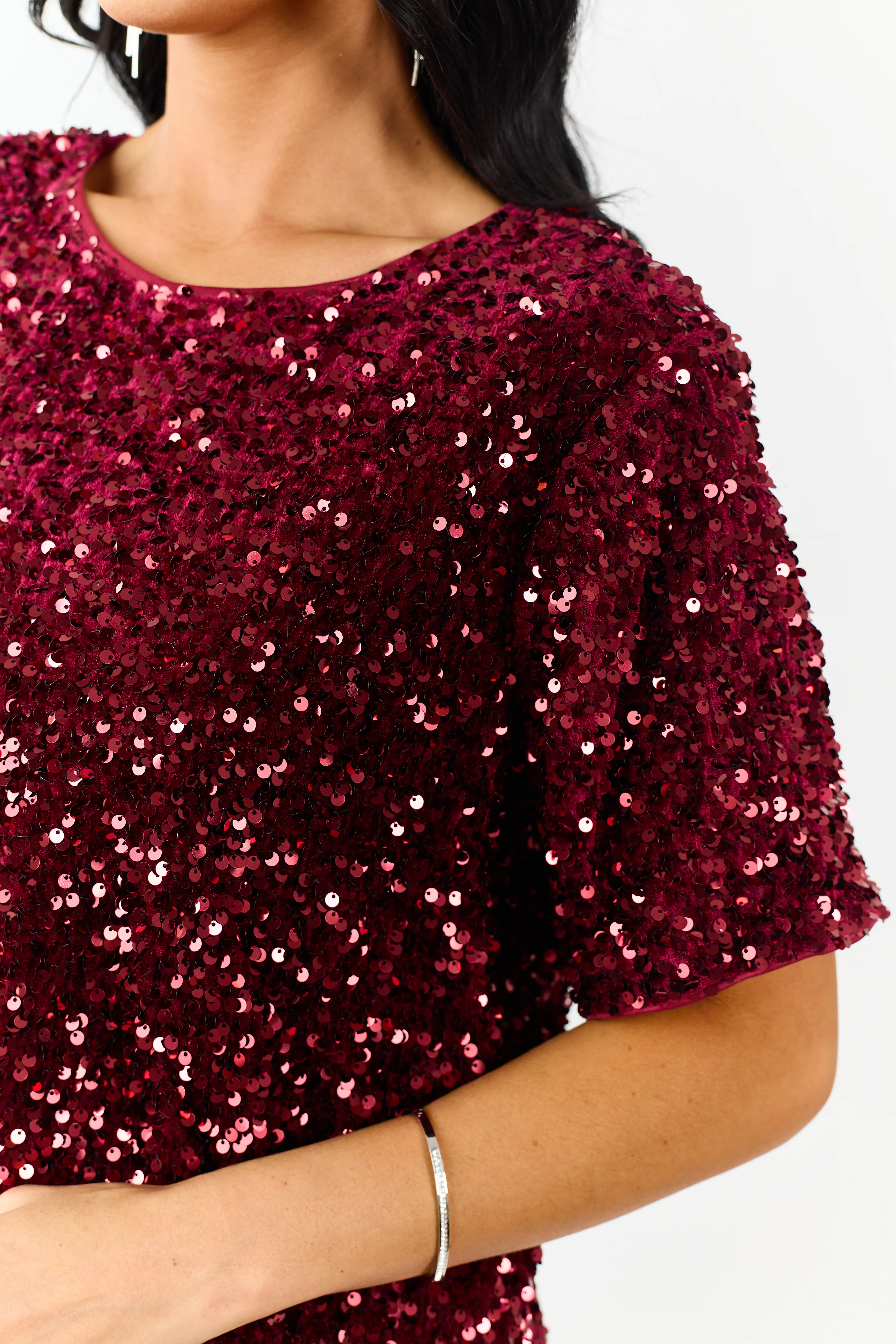She+Sky Wine Sequined Short Sleeve Top - Image 7