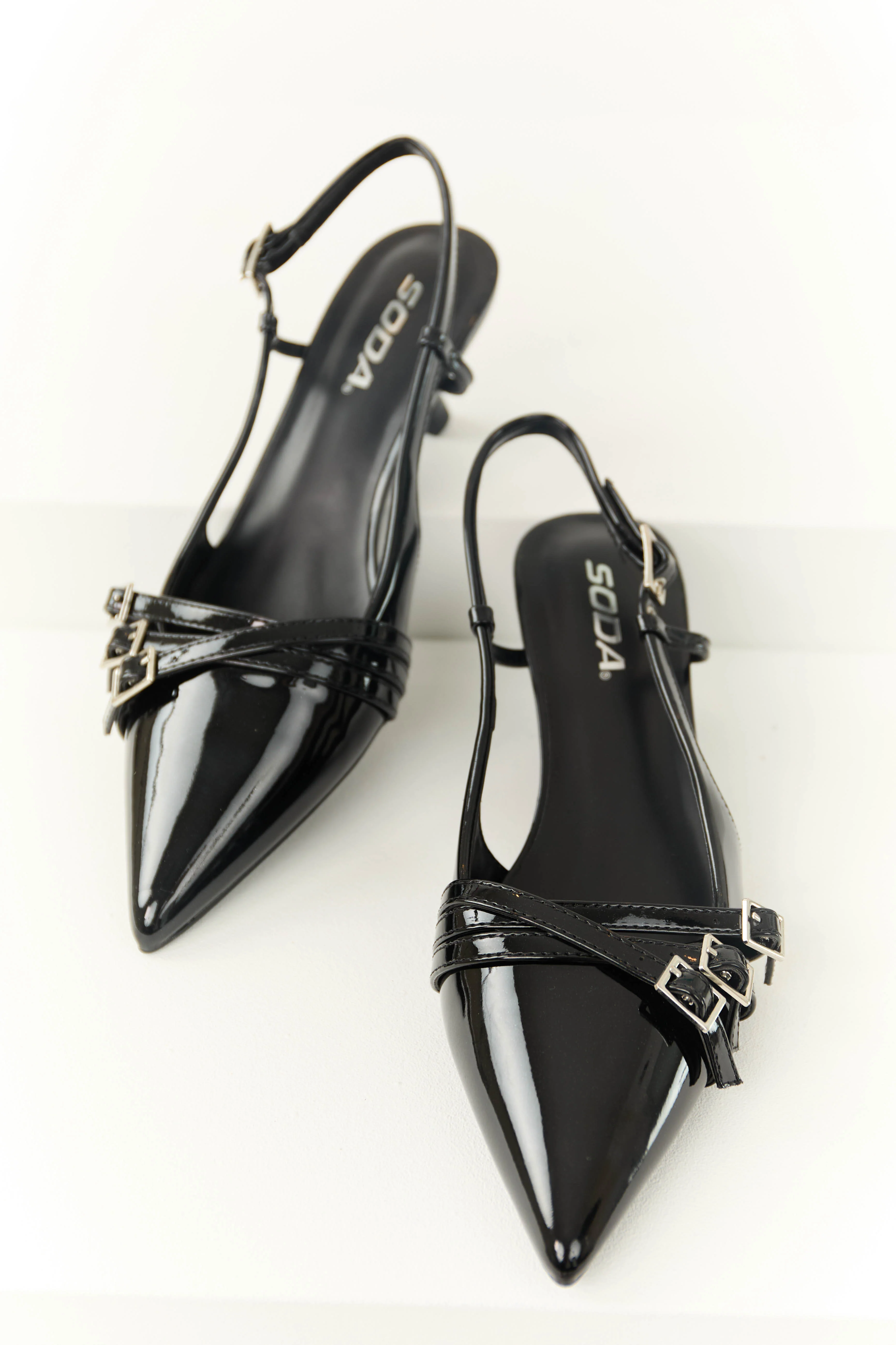 Shiny Black Pointed Toe Sling Back Heels - Image 3