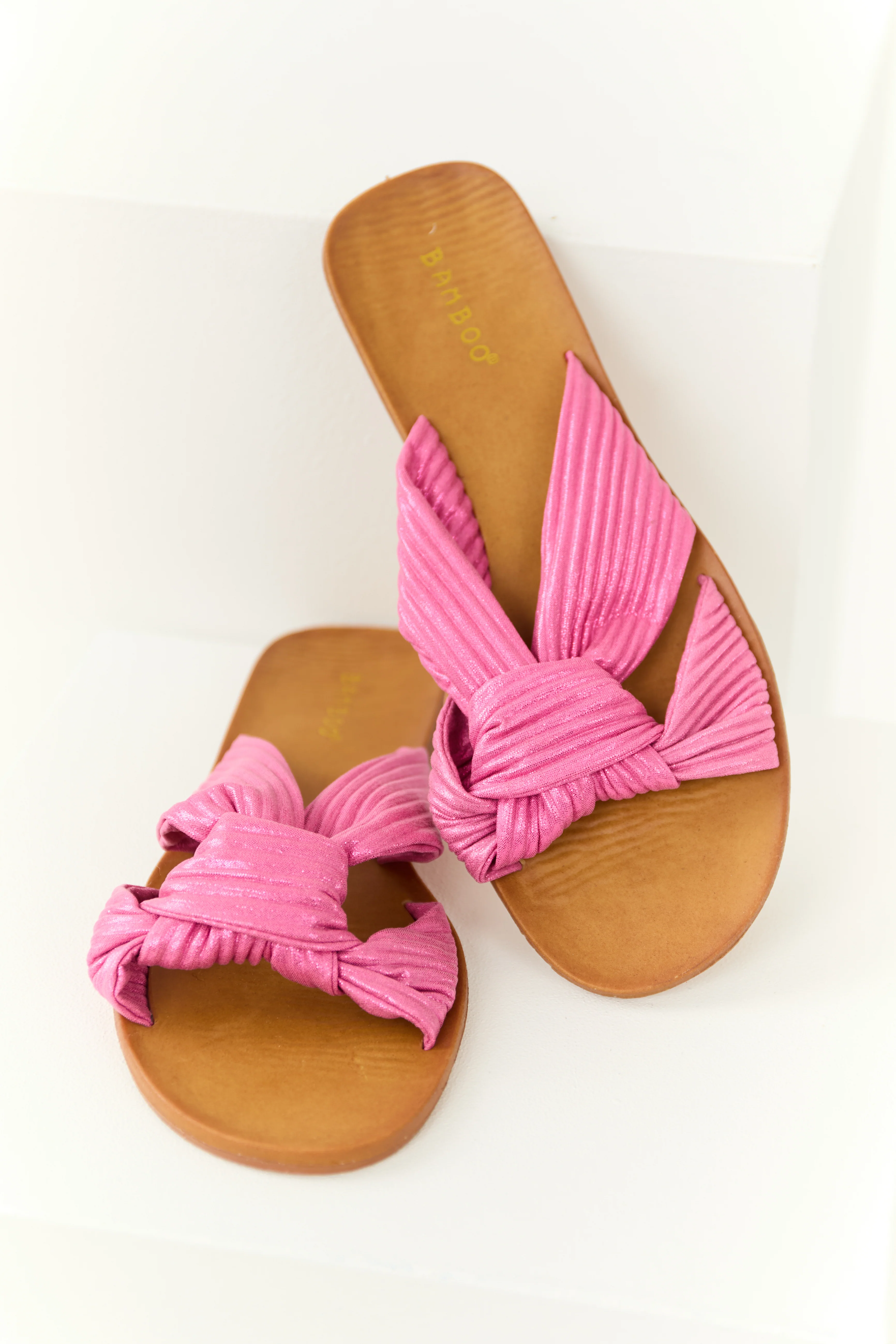 Shiny Bubblegum Fabric Open Toe Slip On Sandals - Image 2