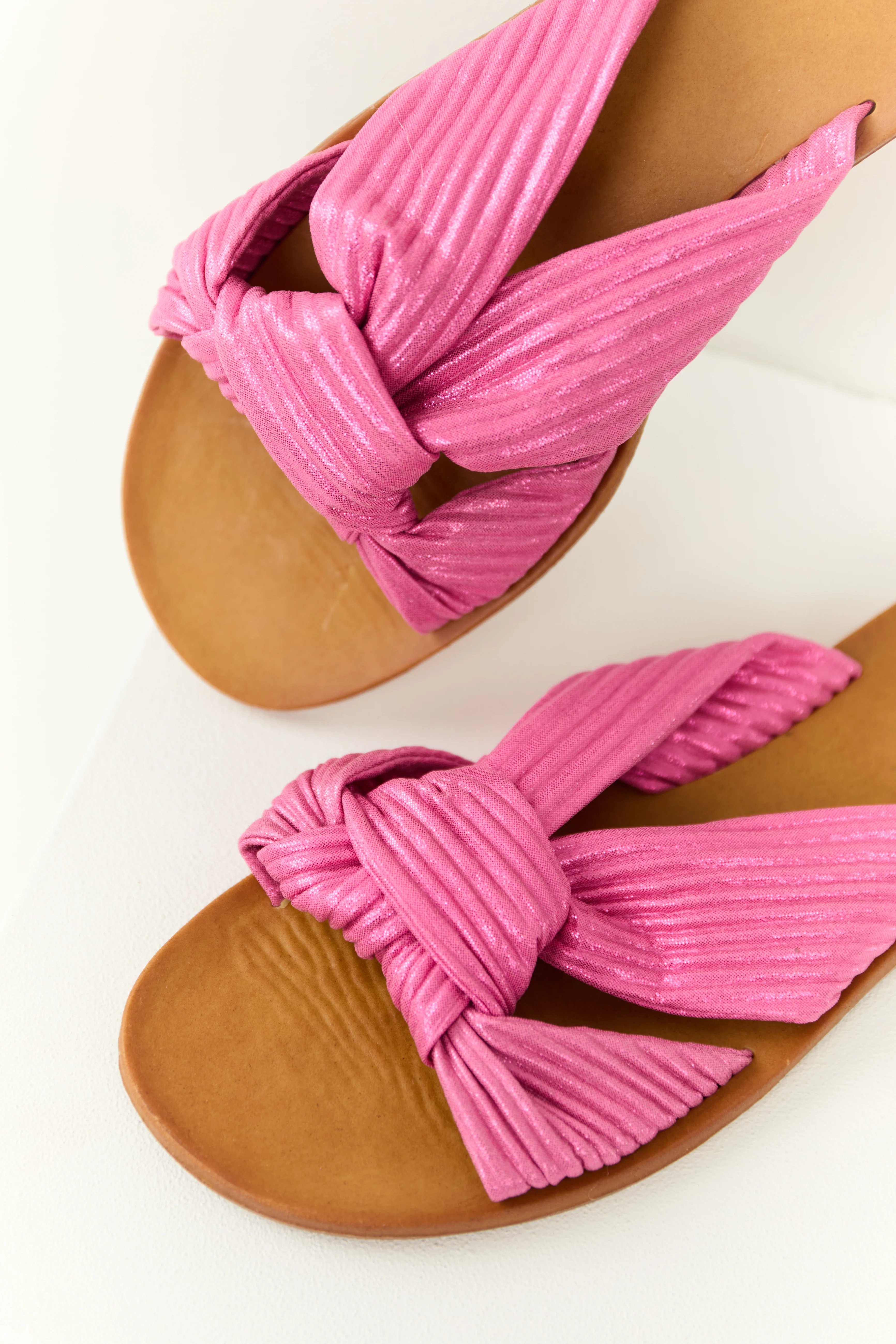Shiny Bubblegum Fabric Open Toe Slip On Sandals - Image 3