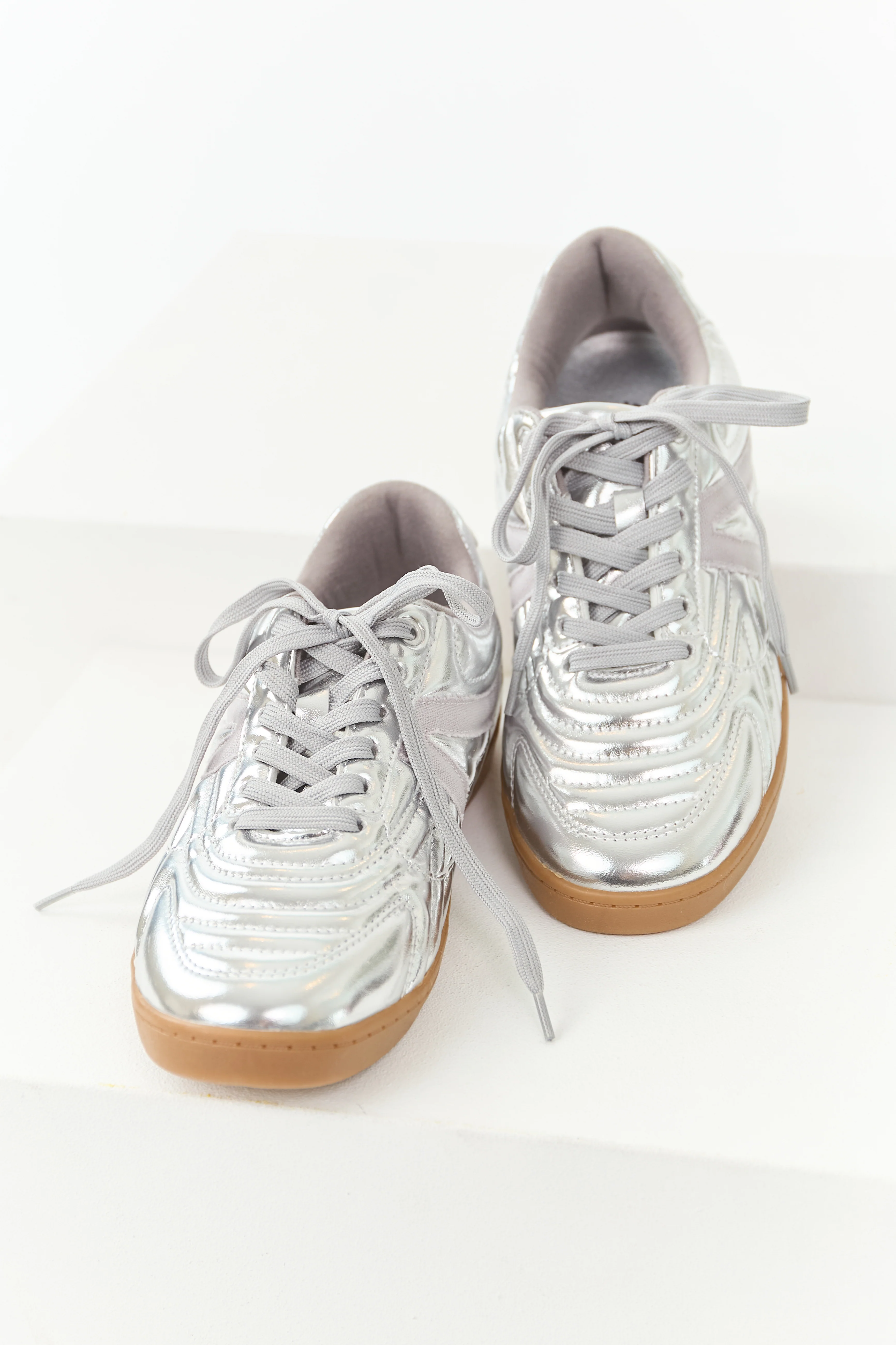 Silver Faux Leather Lace Up Low Top Sneakers - Image 2