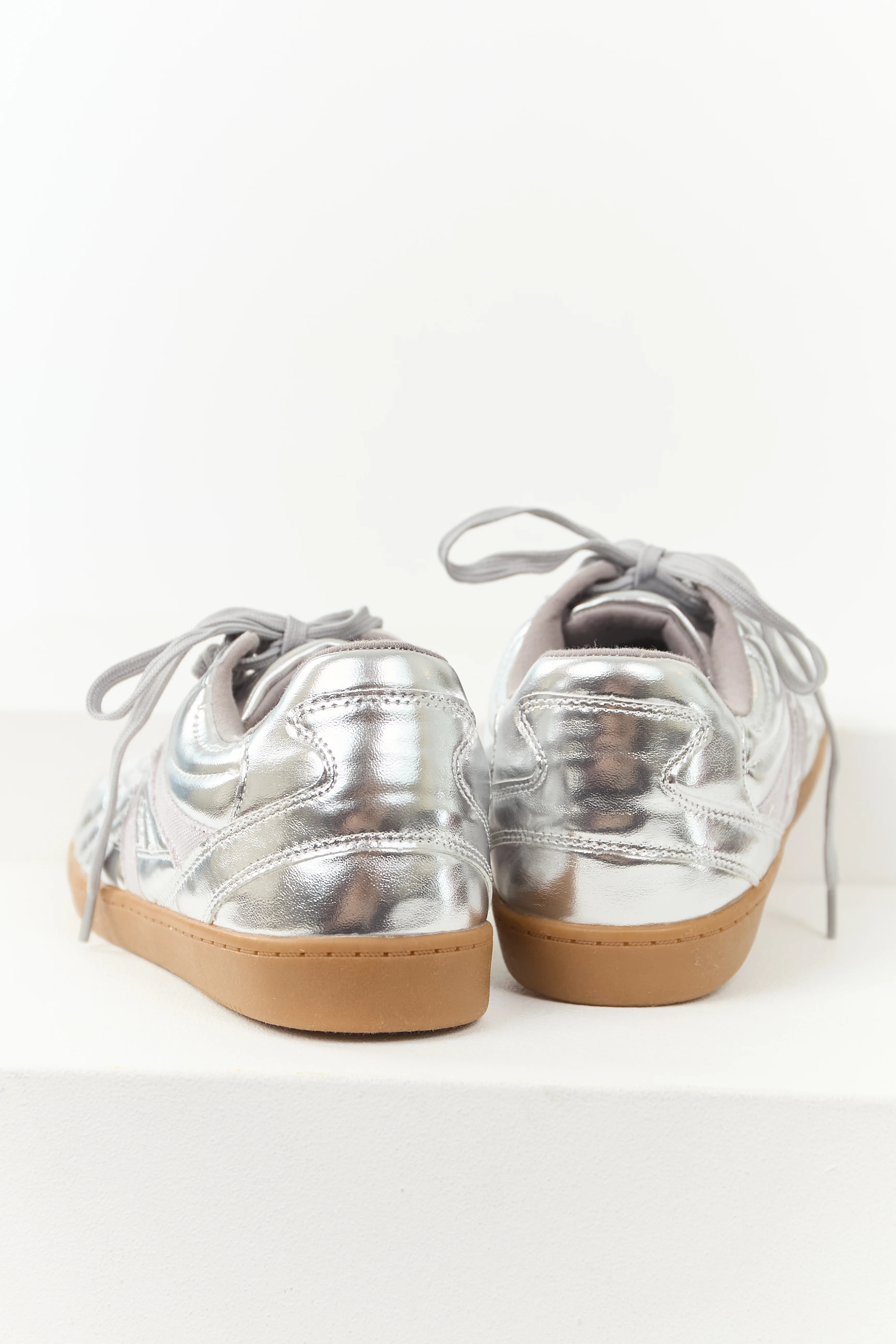 Silver Faux Leather Lace Up Low Top Sneakers - Image 3