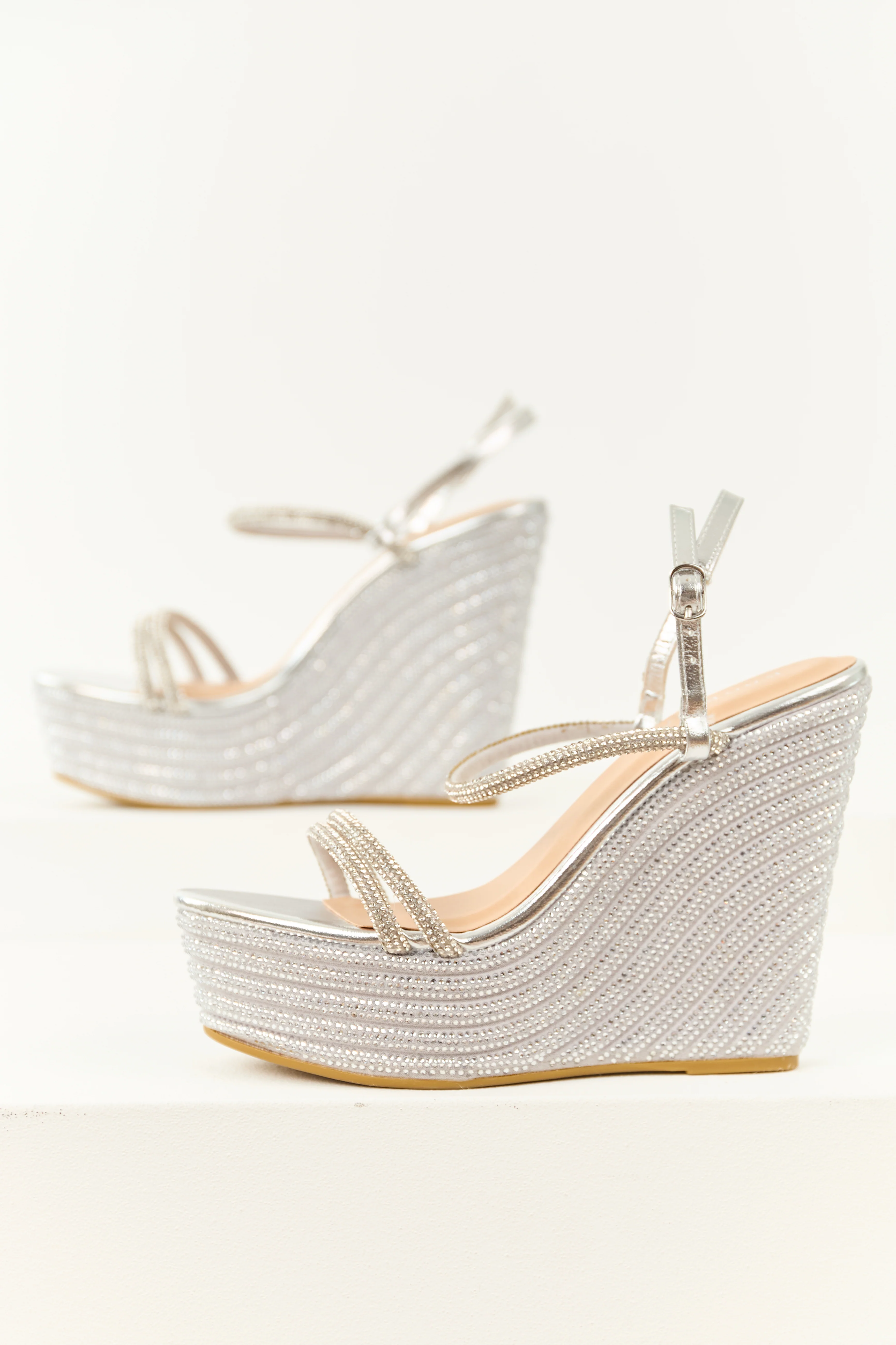 Silver Rhinestone Open Toed Platform Wedges - Image 2