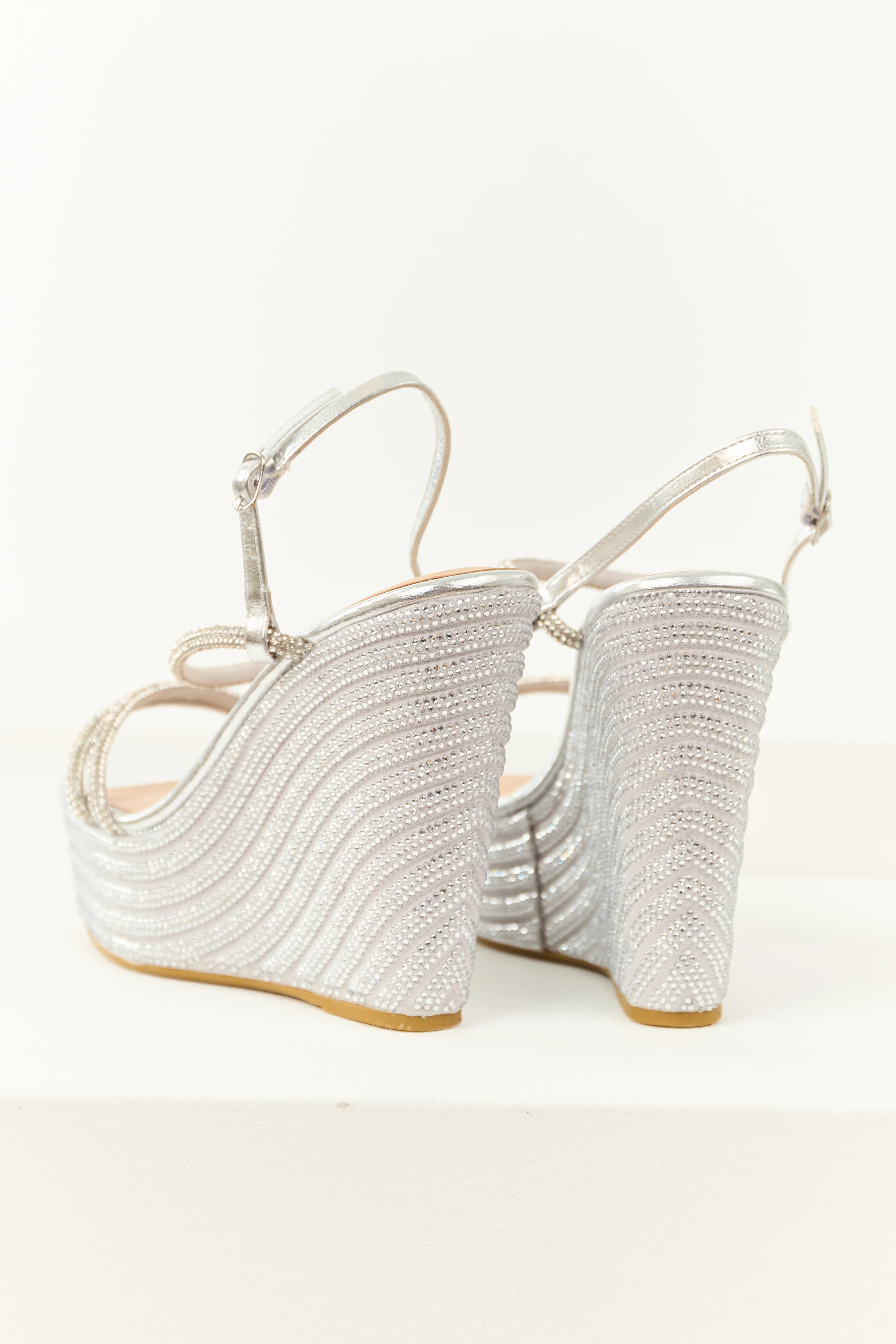 Silver Rhinestone Open Toed Platform Wedges - Image 3
