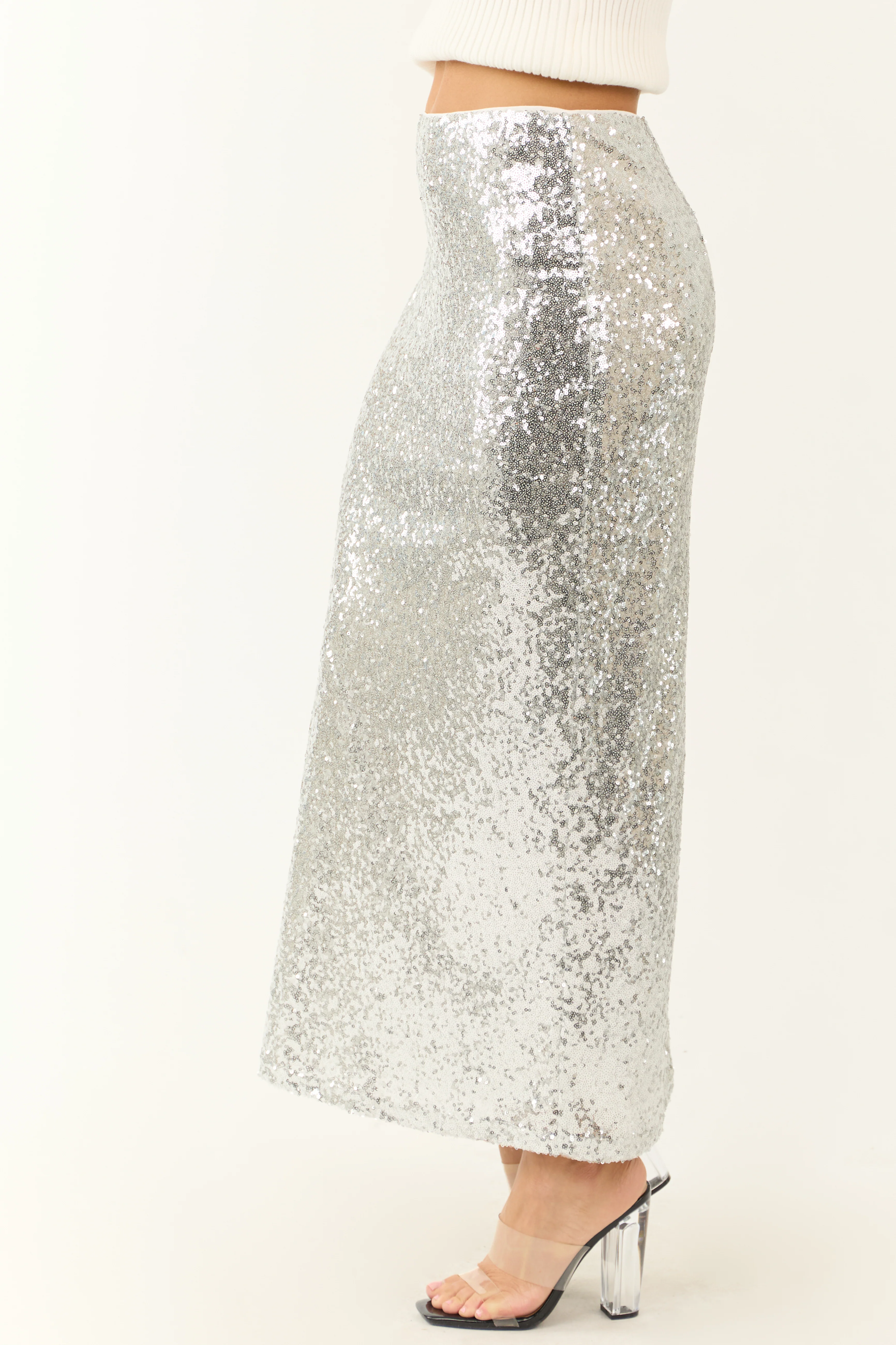 Silver Shiny Sequined Back Slit Midi Skirt - Image 4