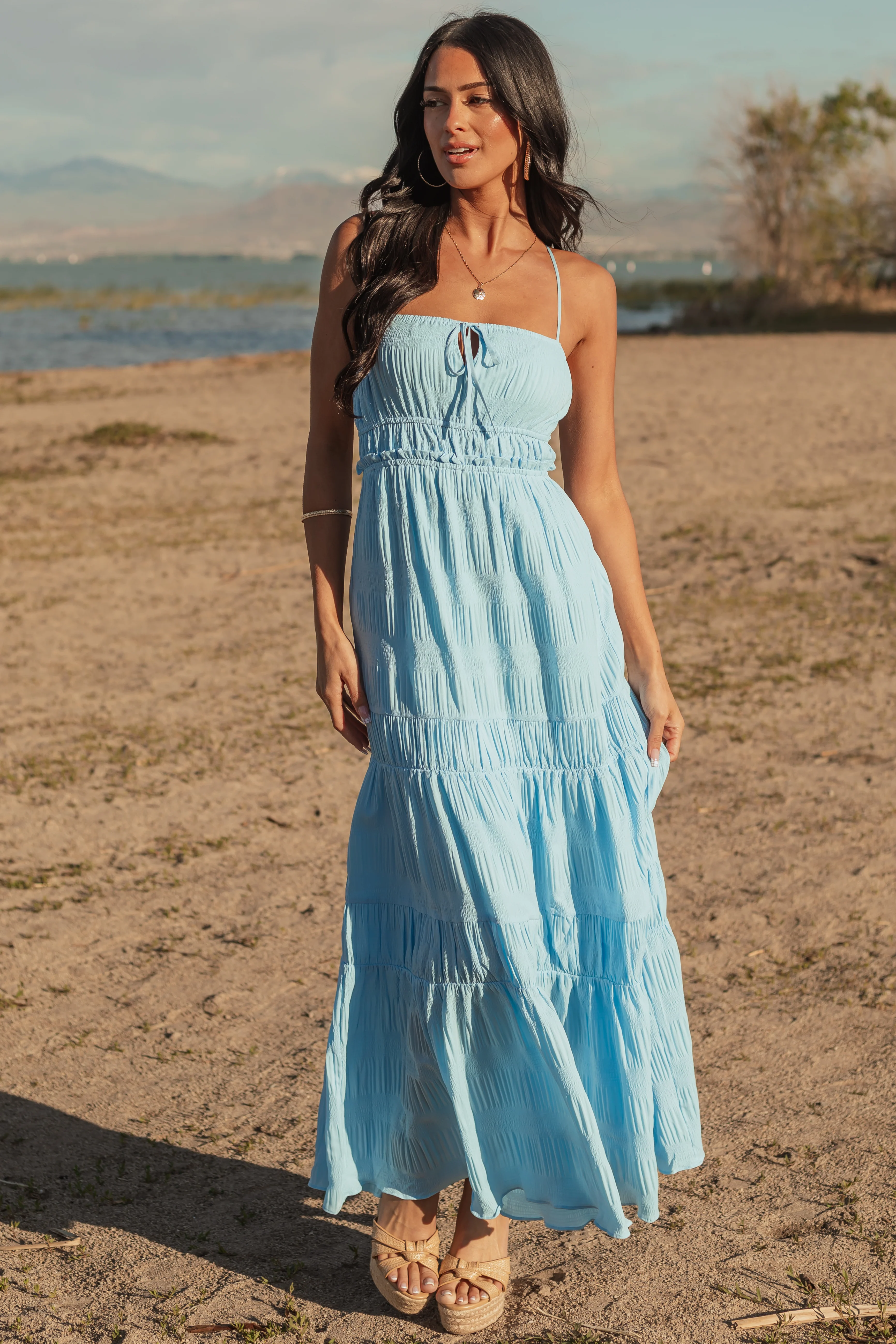 Sky Blue Ruched Tiered Sleeveless Maxi Dress - Image 2