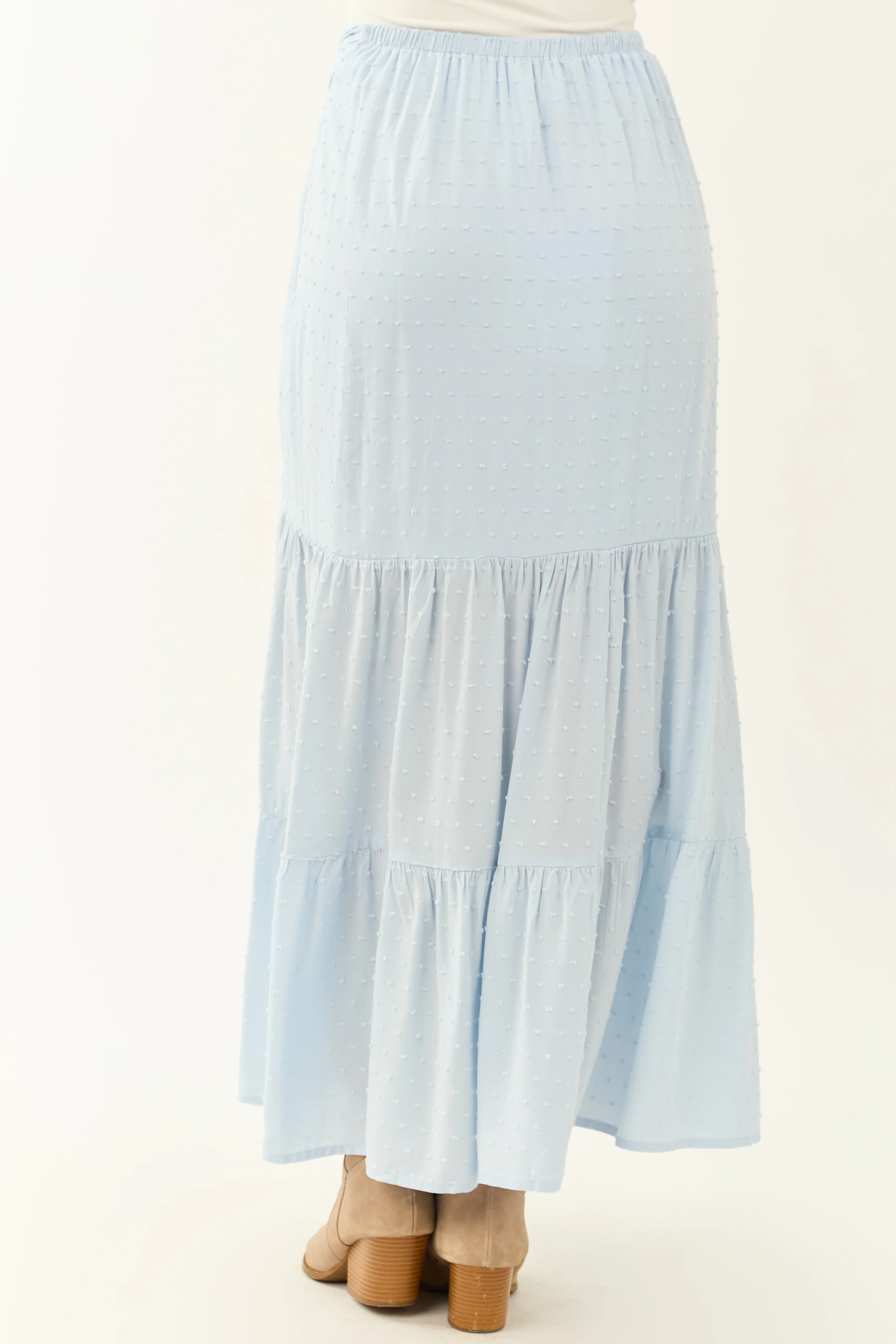 Sky Blue Tiered Swiss Dot High Slit Maxi Skirt - Image 4