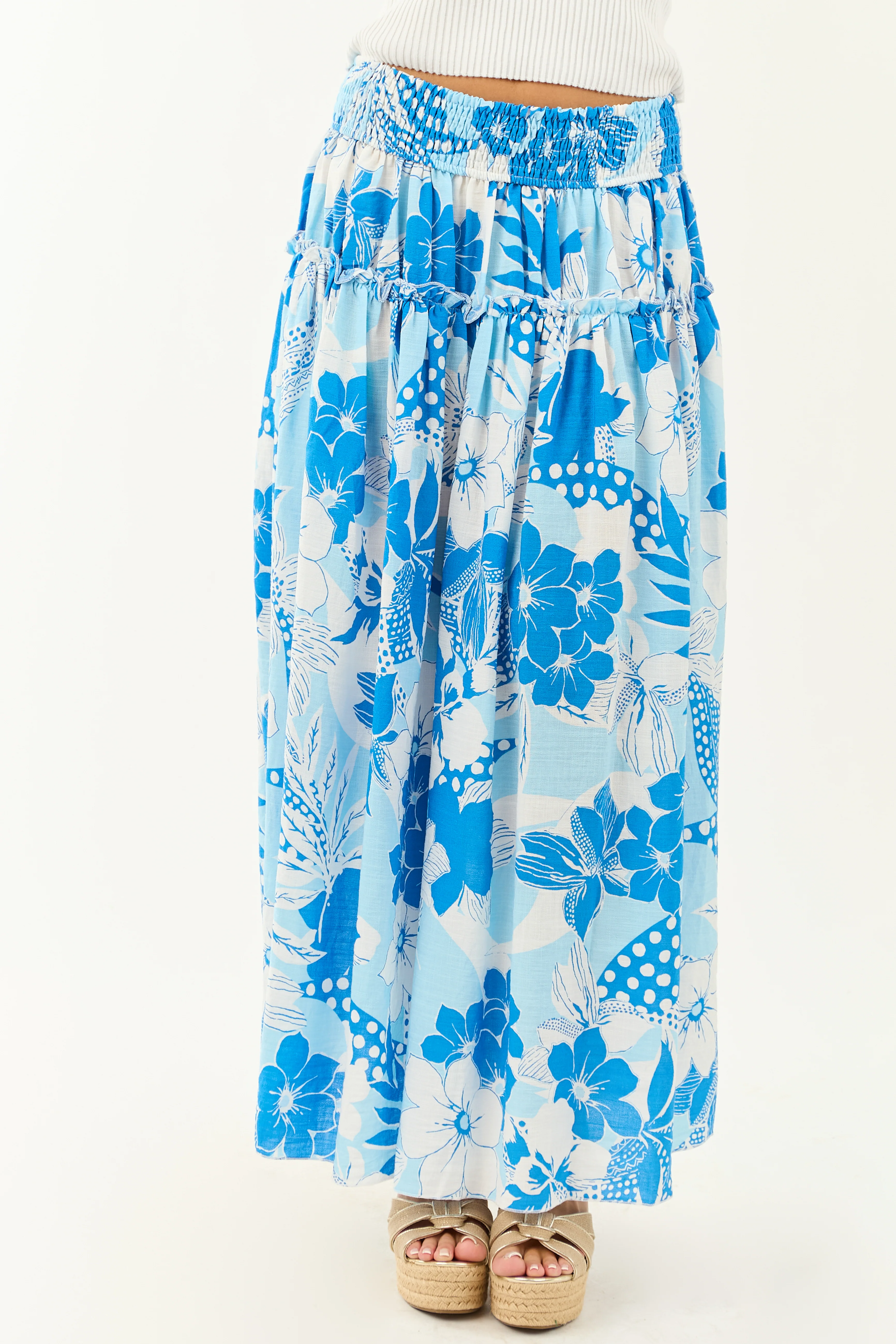 Sky Blue Vacation Print Smocked Maxi Skirt - Image 2