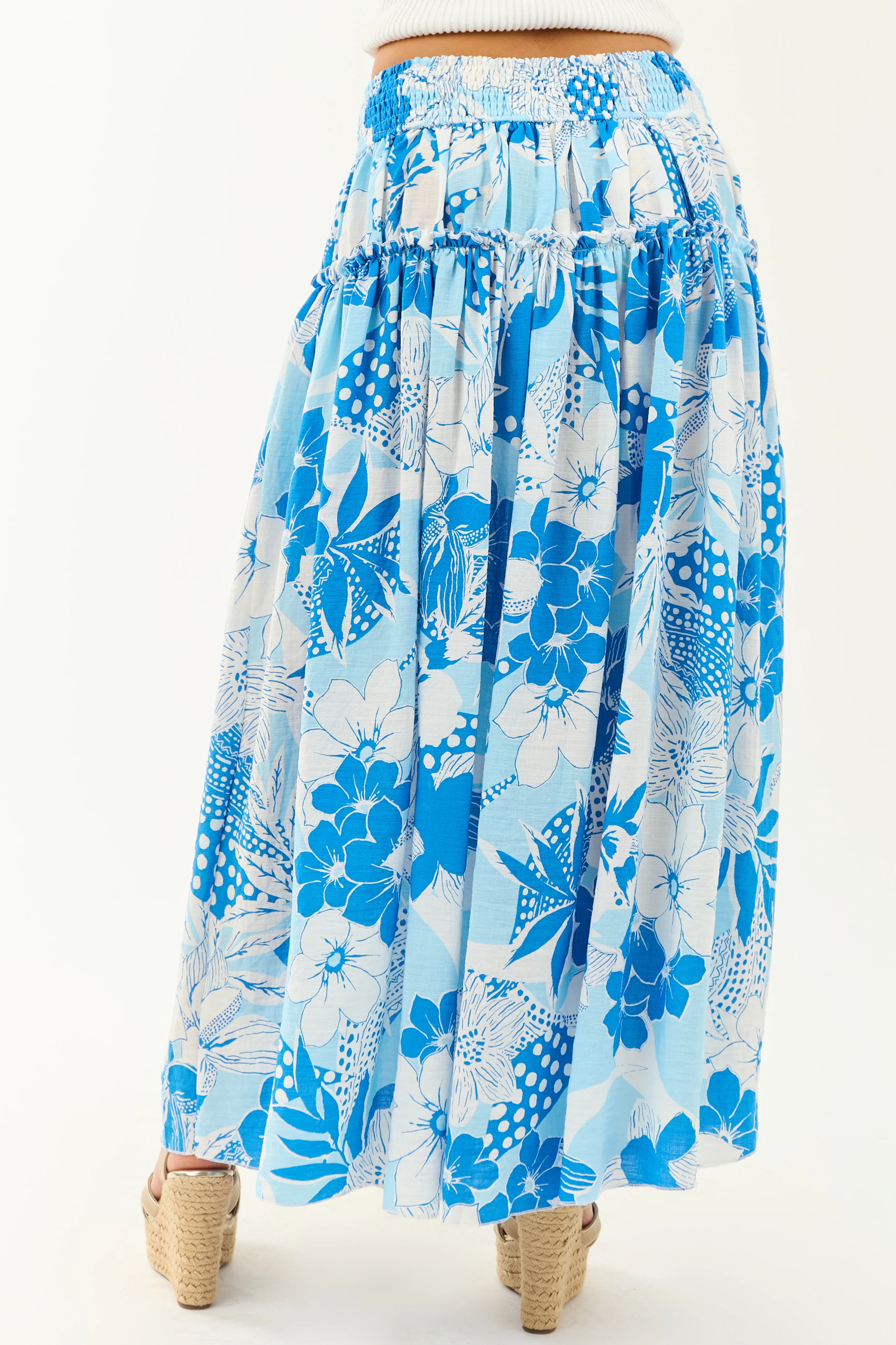 Sky Blue Vacation Print Smocked Maxi Skirt - Image 4