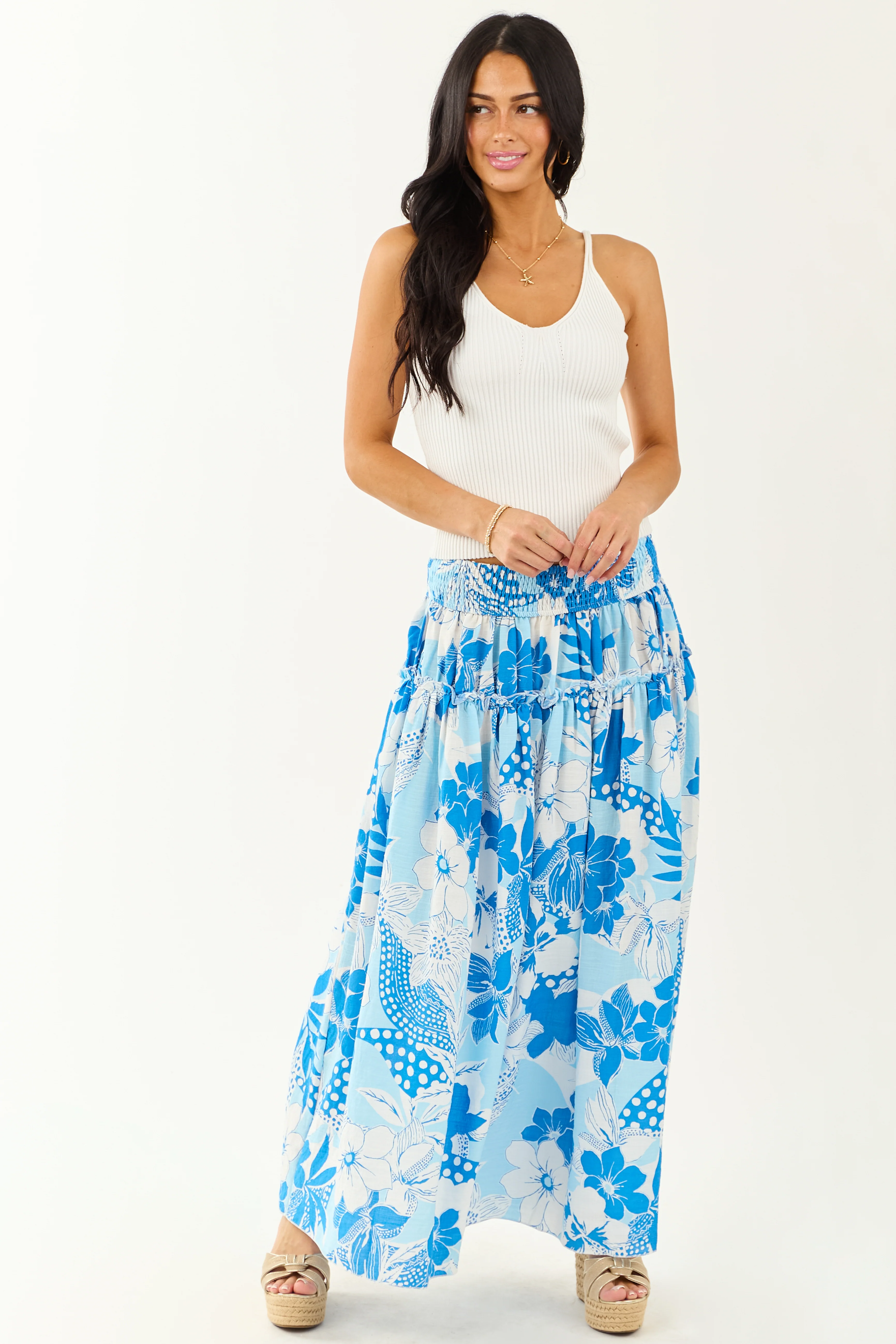 Sky Blue Vacation Print Smocked Maxi Skirt - Image 5