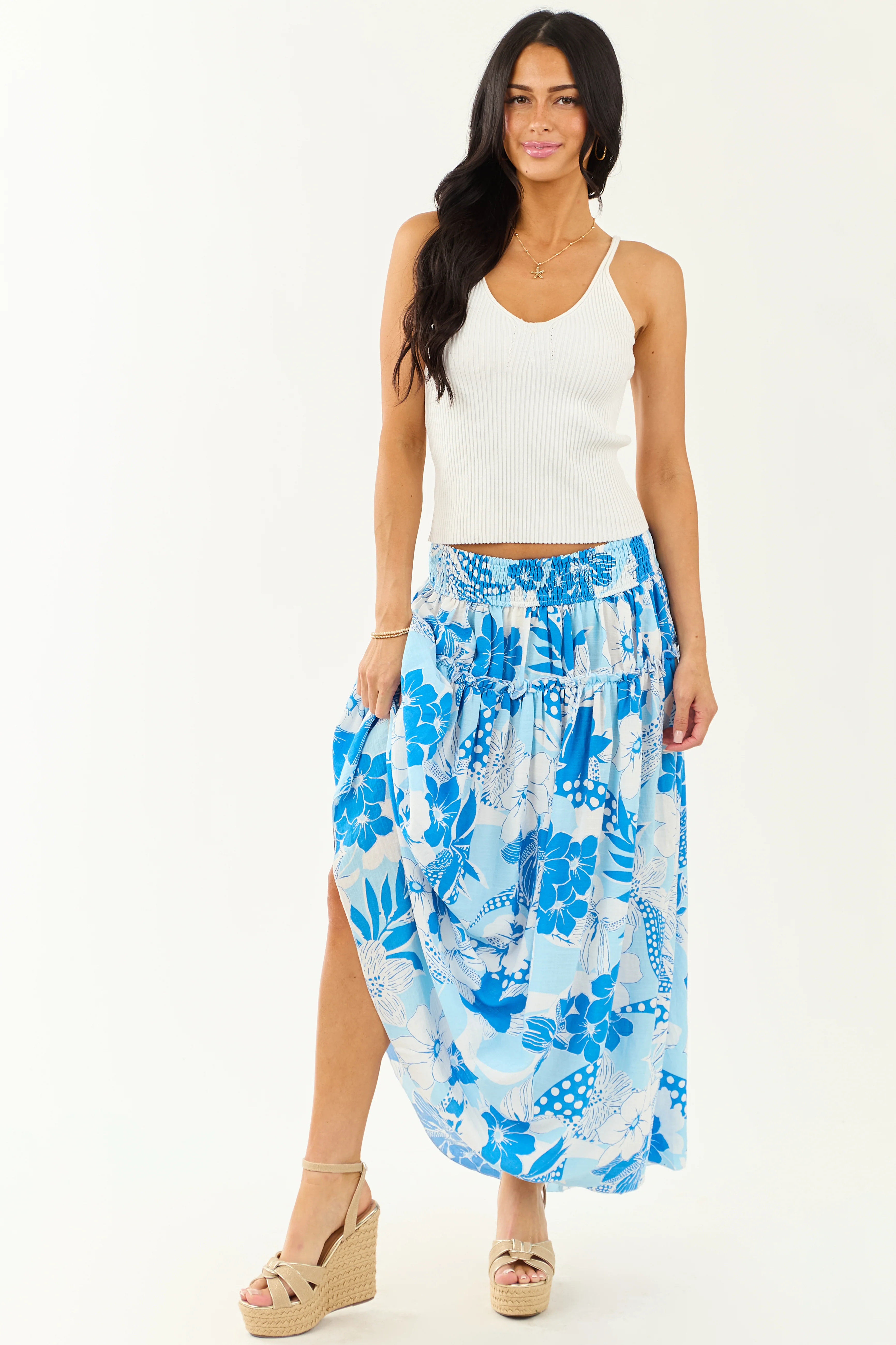 Sky Blue Vacation Print Smocked Maxi Skirt - Image 6