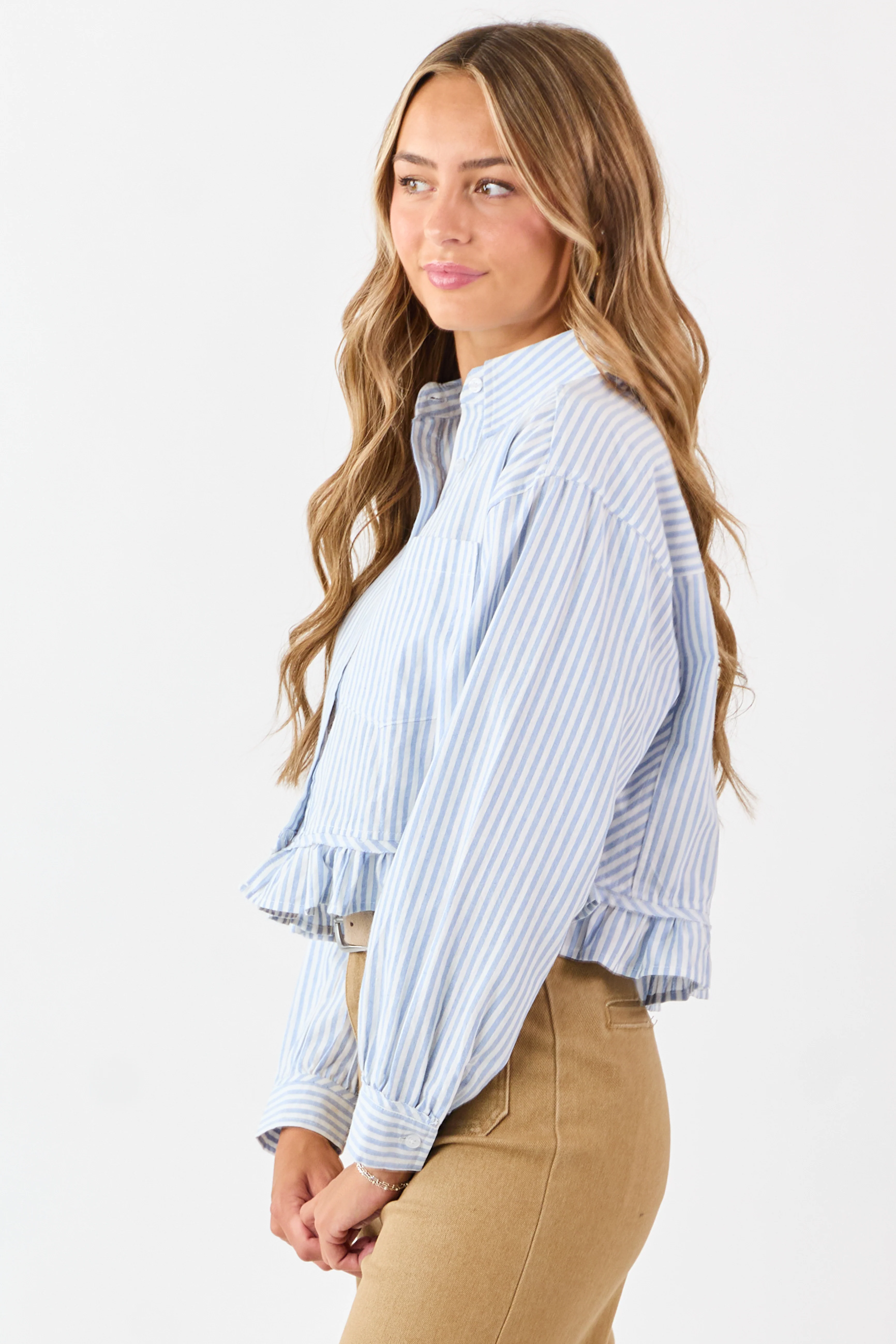 Sky Blue and White Striped Cotton Button Up Top - Image 4