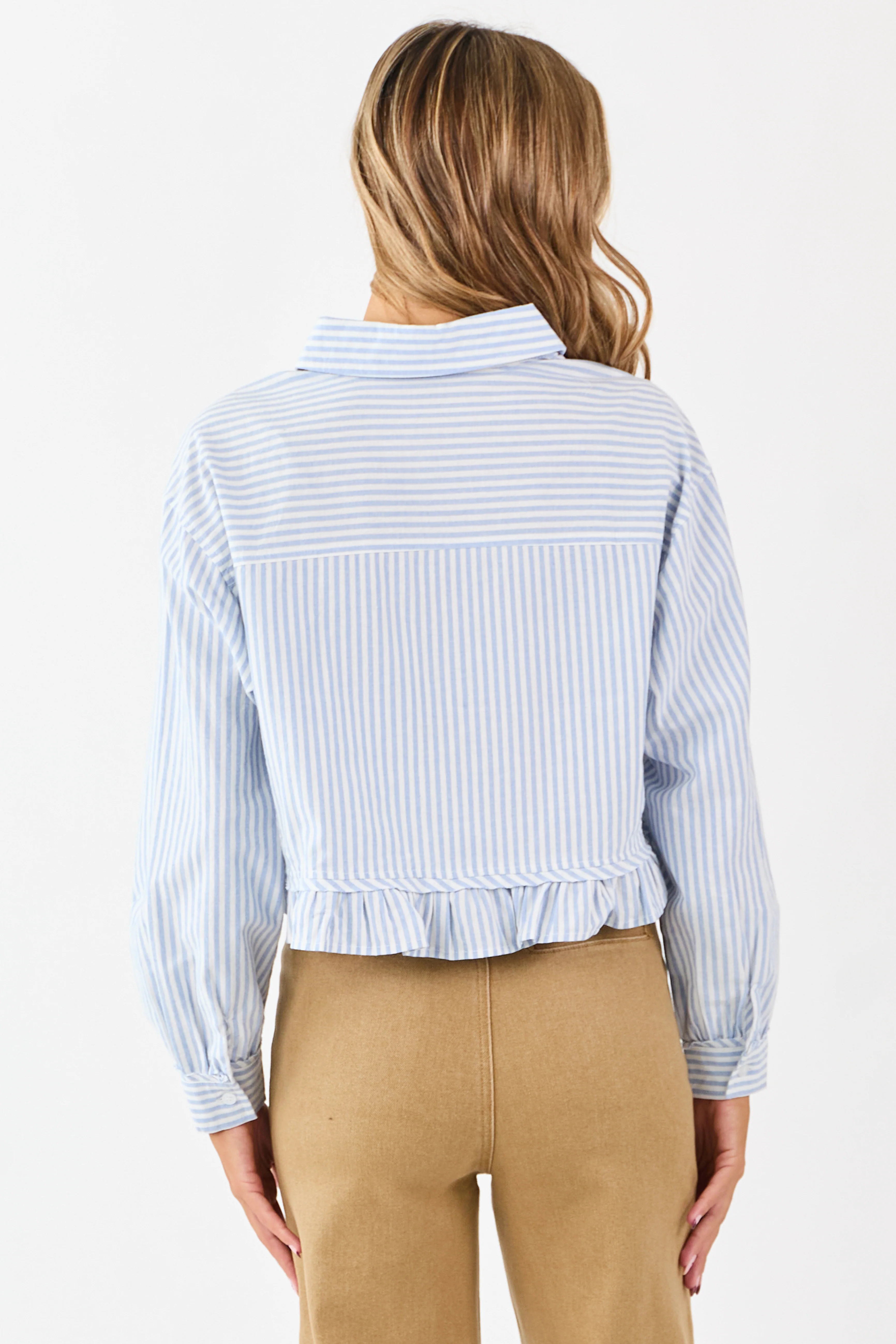 Sky Blue and White Striped Cotton Button Up Top - Image 5