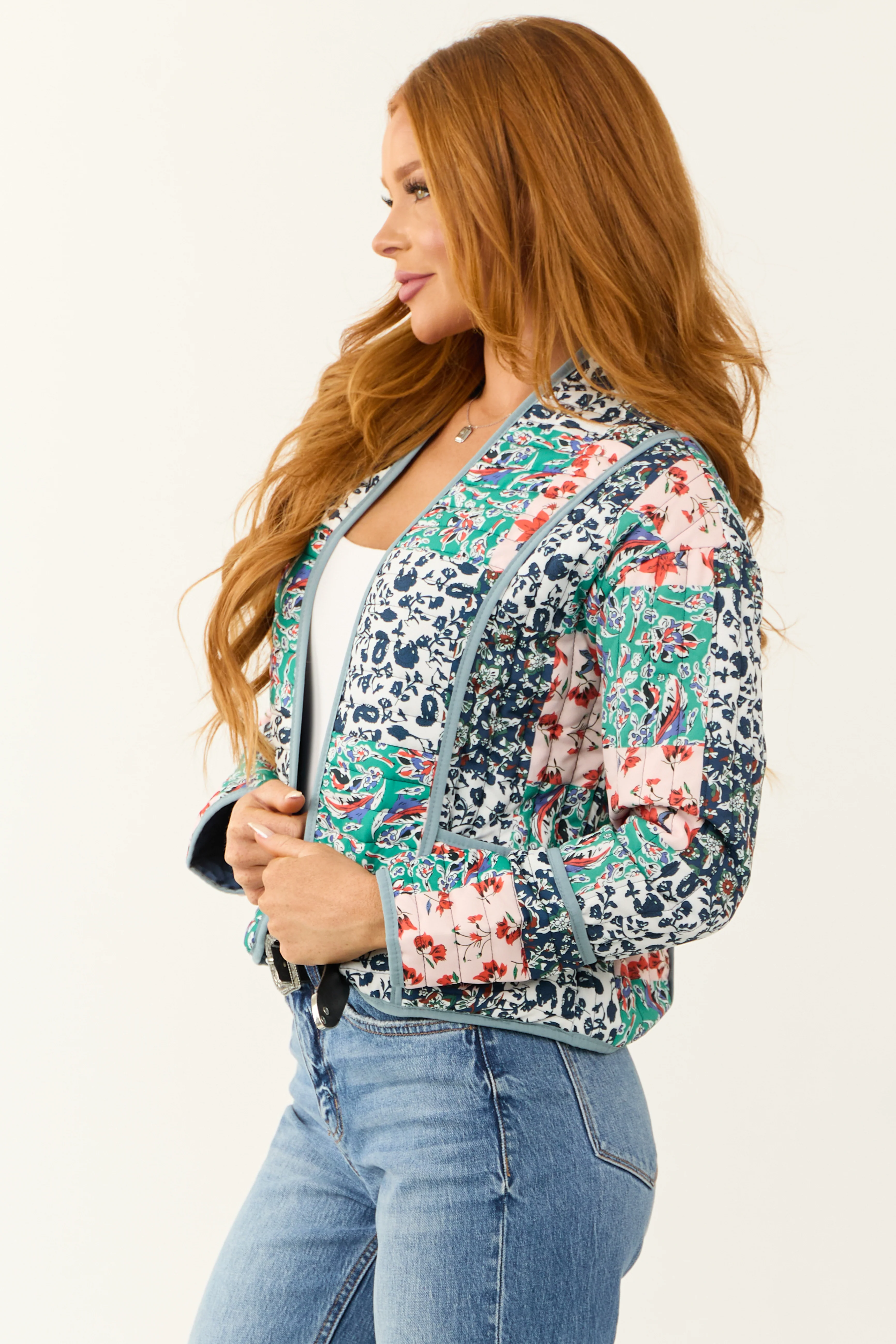 Slate Blue Floral Multiprint Quilted Jacket - Image 5