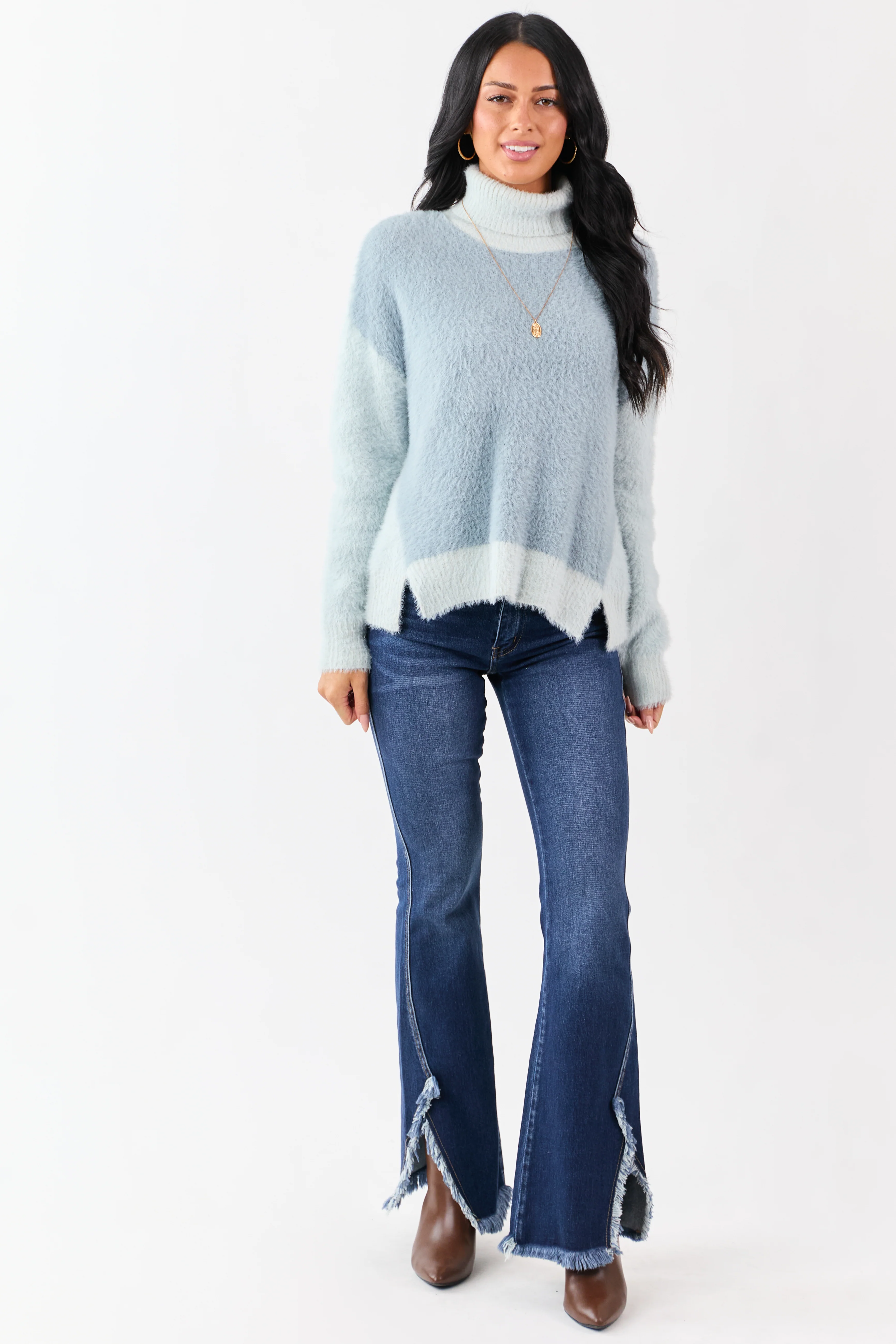 Slate Blue Fuzzy Turtleneck Colorblock Sweater - Image 2