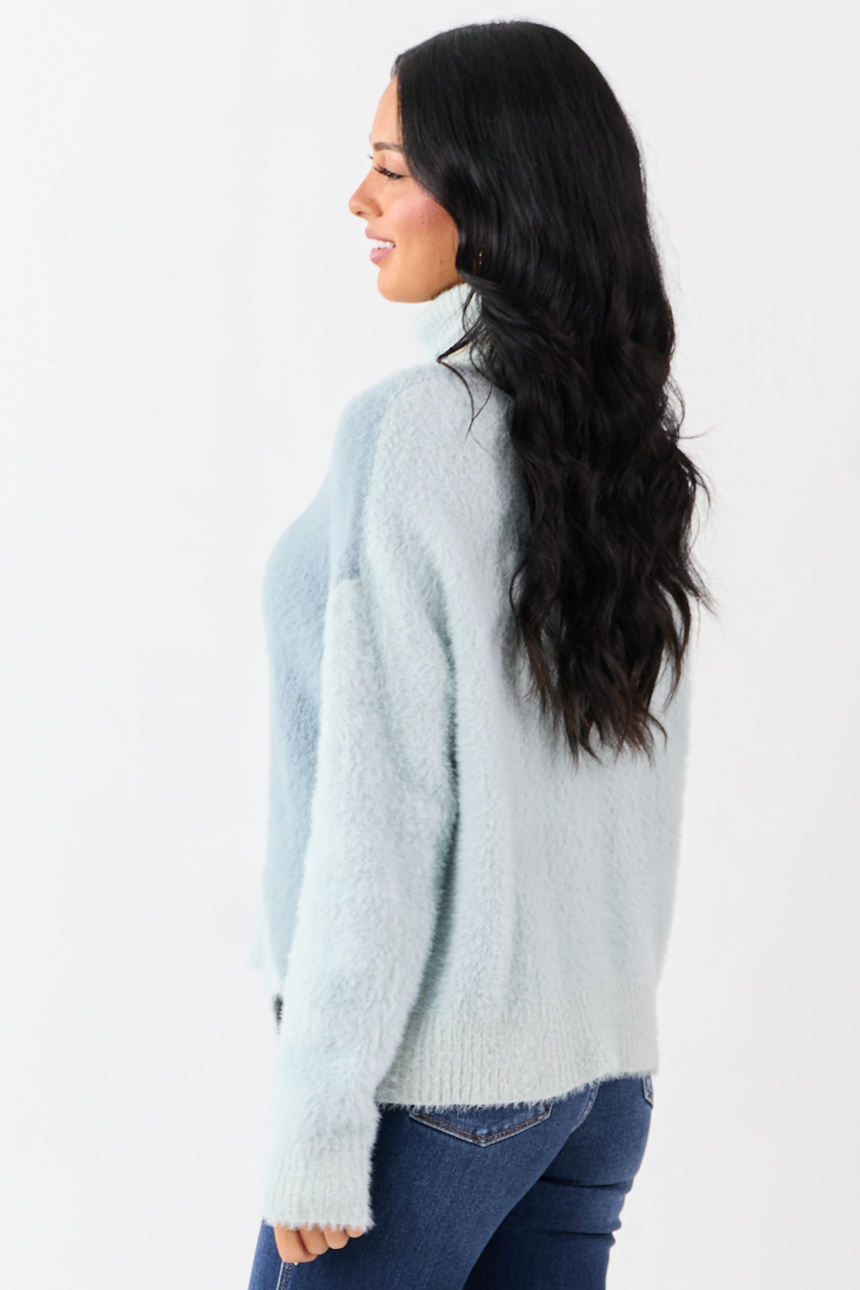 Slate Blue Fuzzy Turtleneck Colorblock Sweater - Image 4
