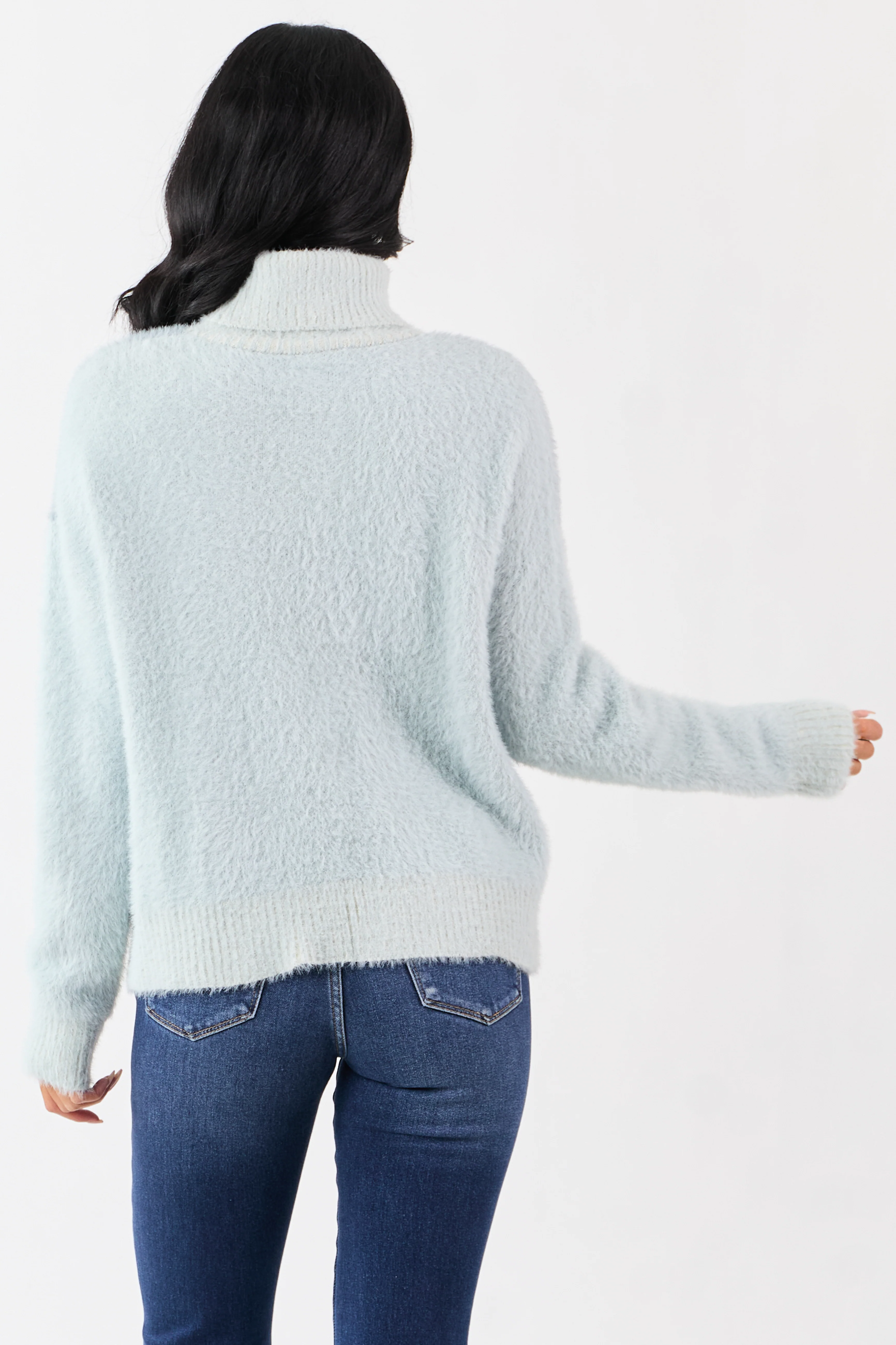 Slate Blue Fuzzy Turtleneck Colorblock Sweater - Image 5