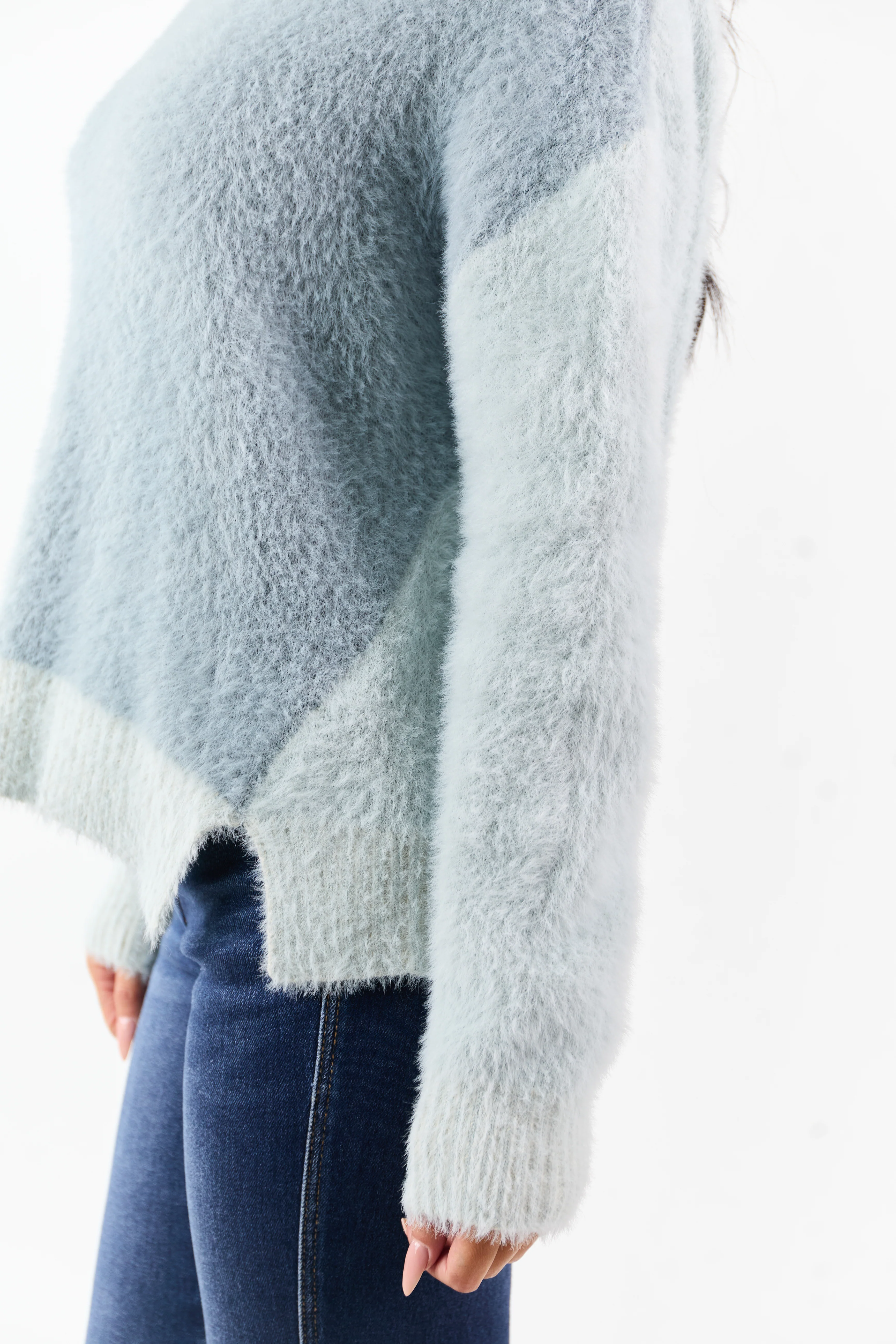 Slate Blue Fuzzy Turtleneck Colorblock Sweater - Image 6