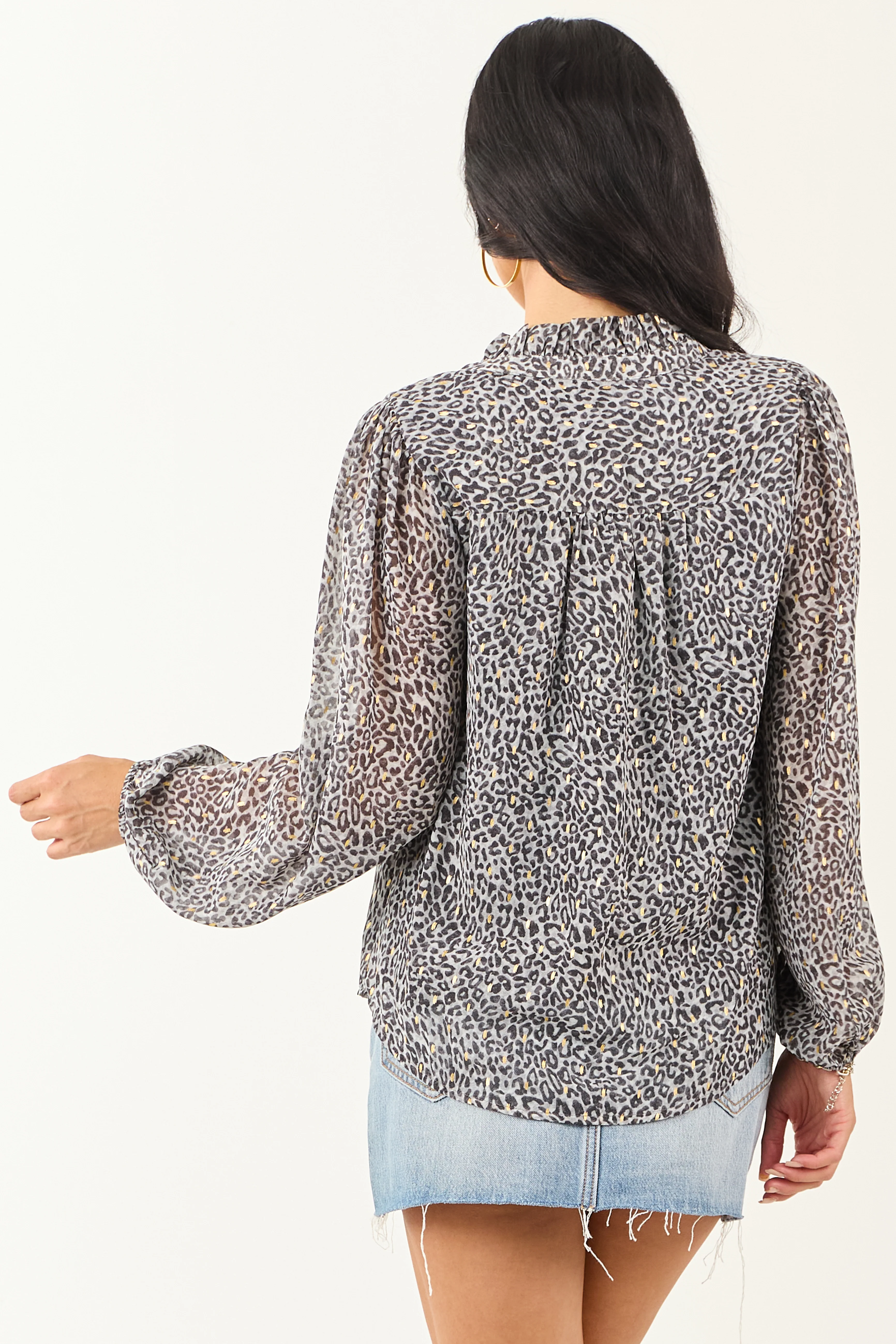 Slate Leopard Print Long Sleeve Frilled Top - Image 5