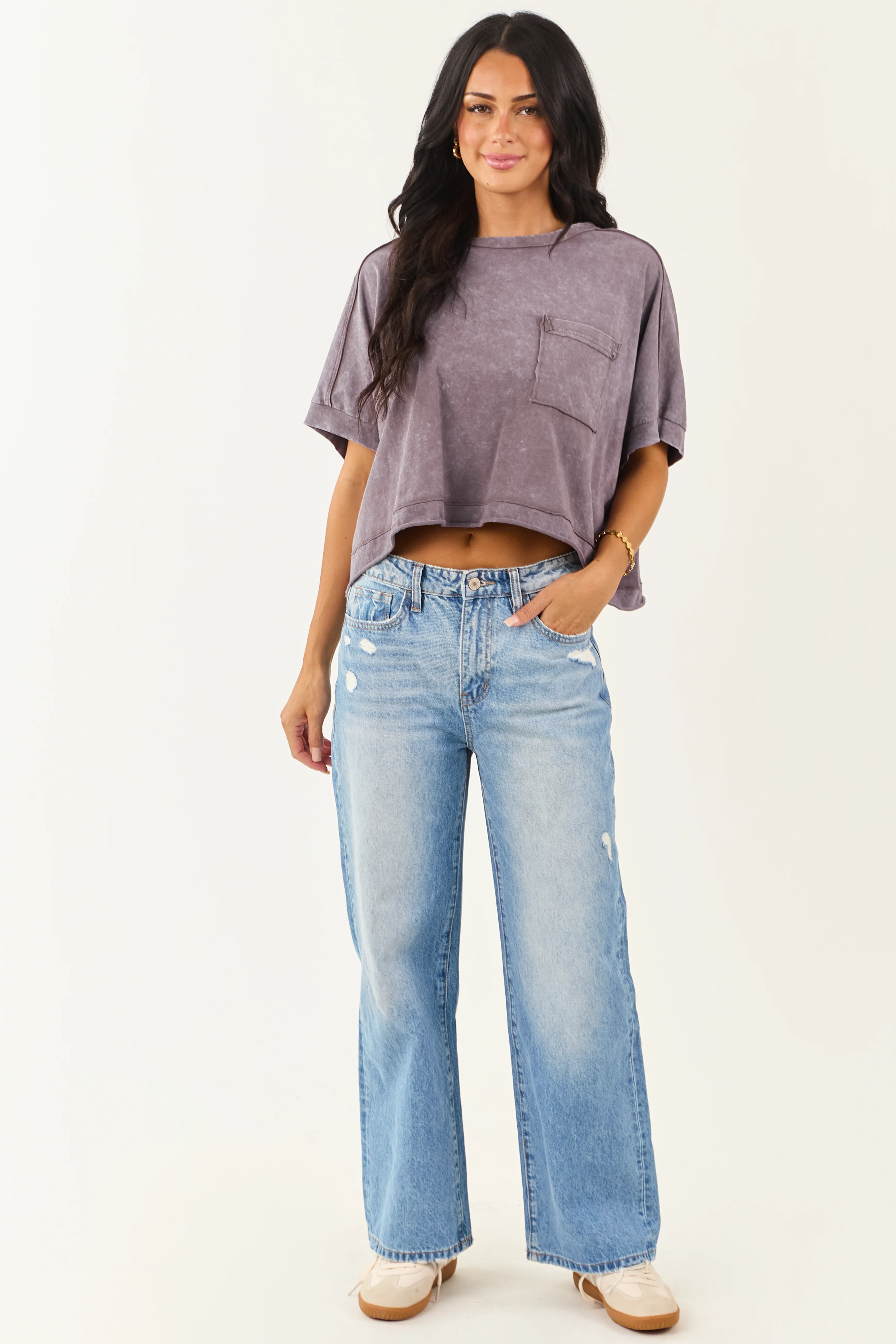 Slate Mineral Wash Semi Cropped Boxy Cotton Tee - Image 2