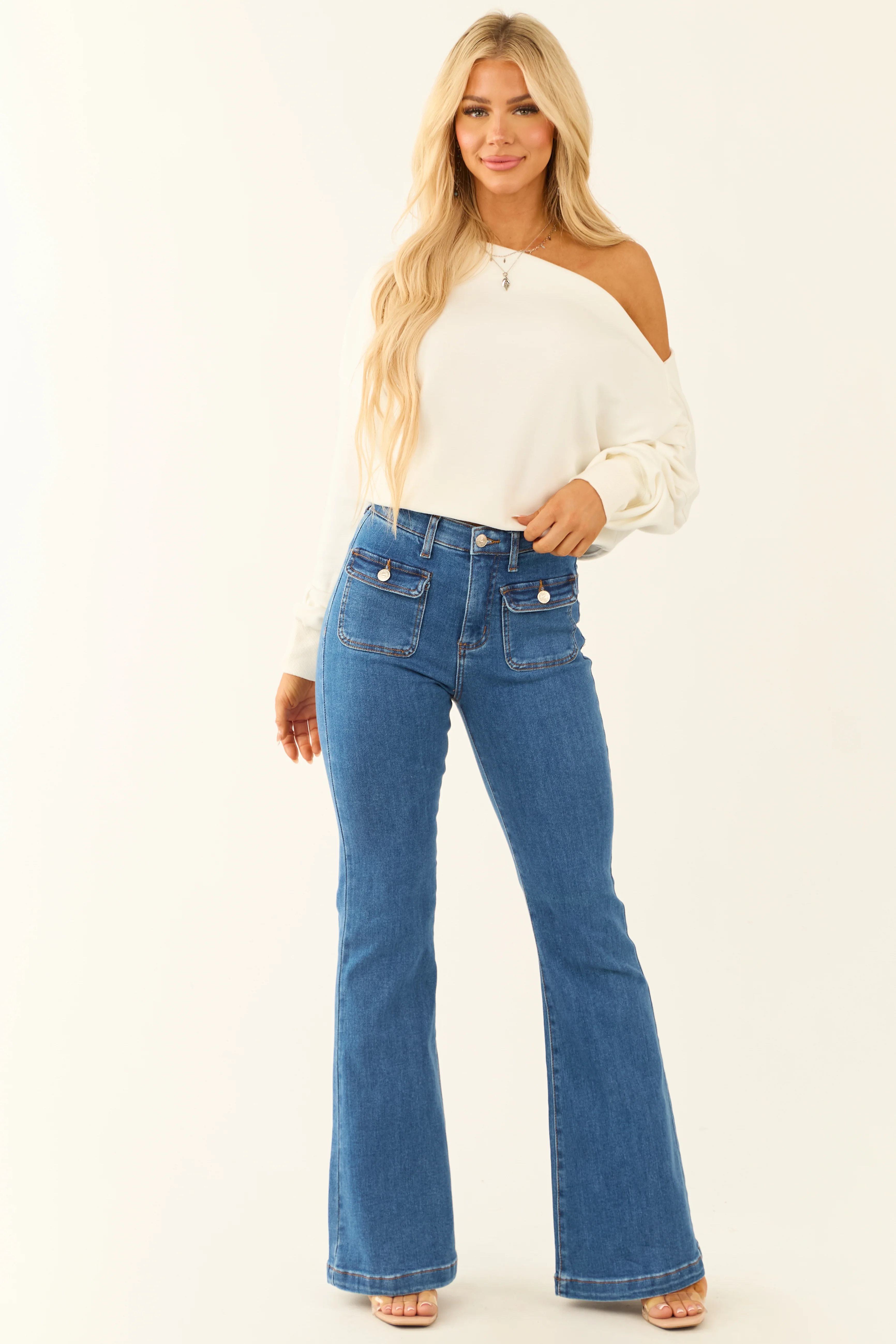 Special A Medium Dark Wash Tummy Control Flare Jeans - Image 3